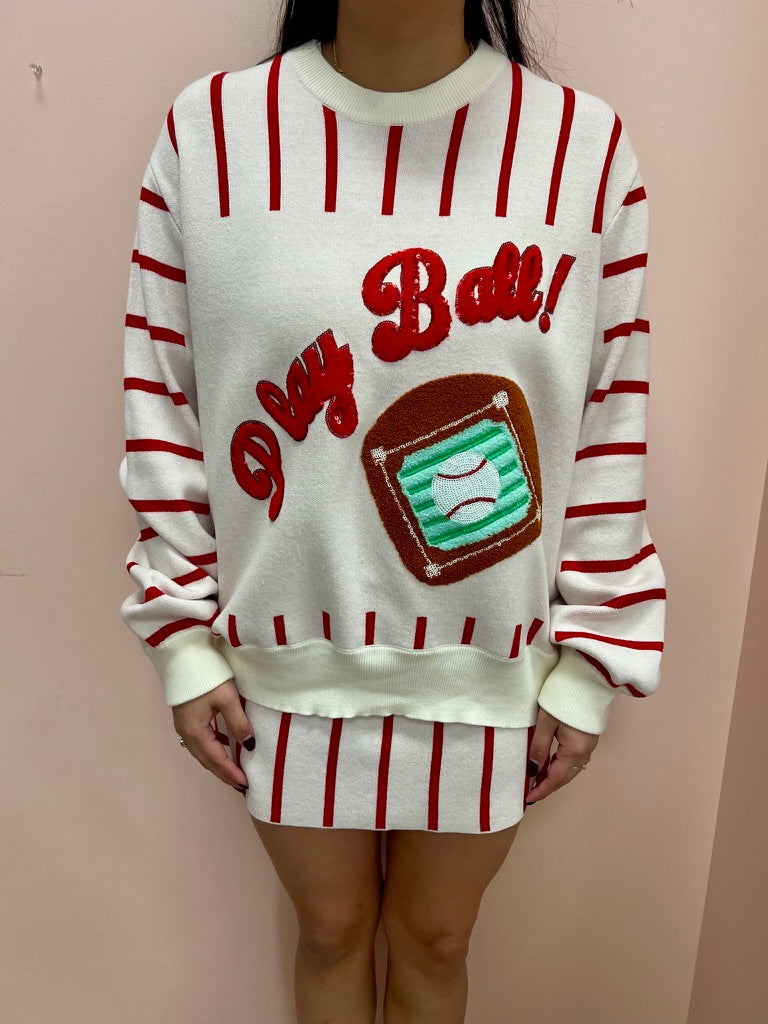 SAMPLE- Red & White Stripe Play Ball Long Sleeve Sweater/Skirt SET