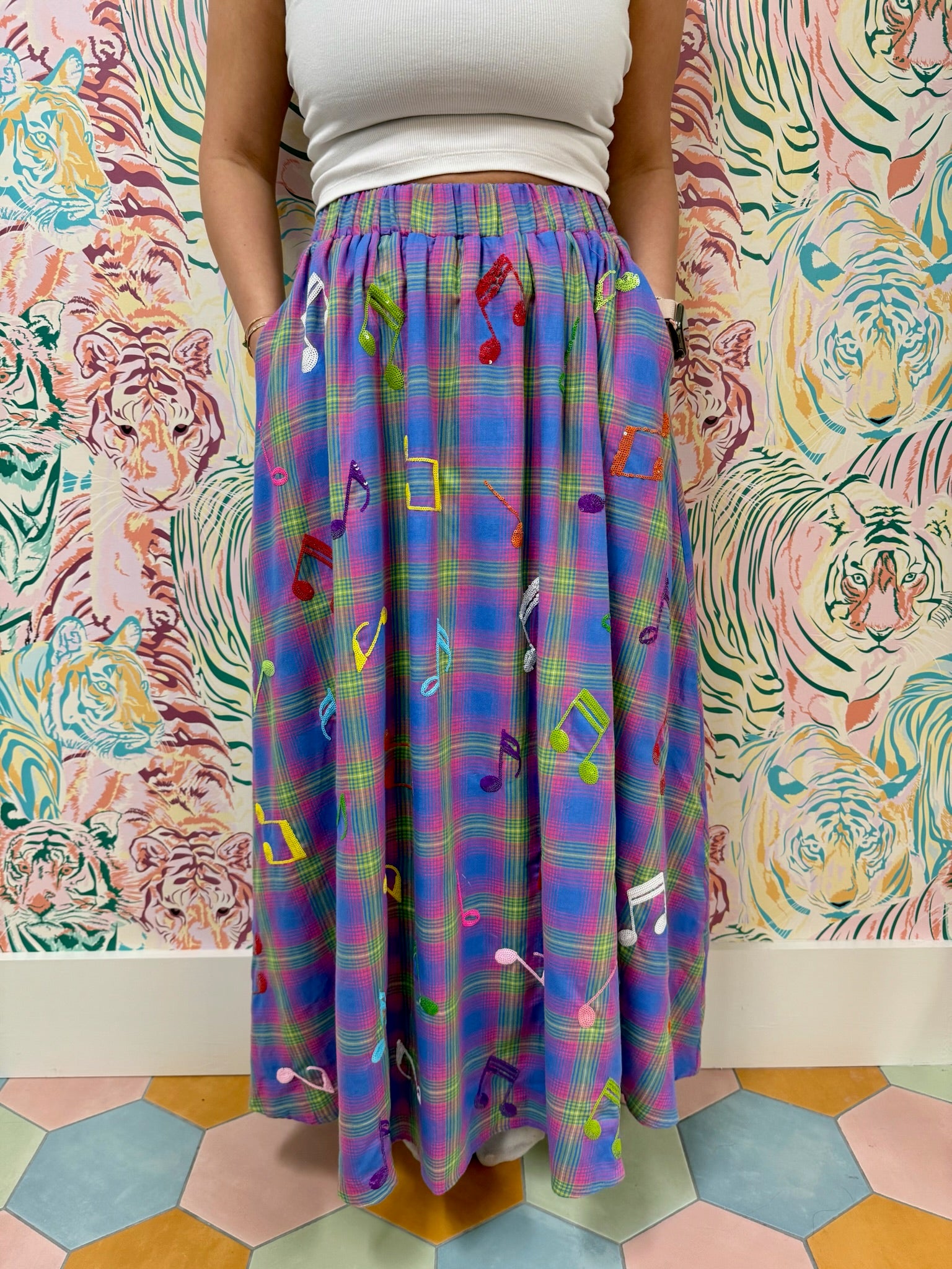 SAMPLE- PLAID MUSIC NOTE MAXI SKIRT