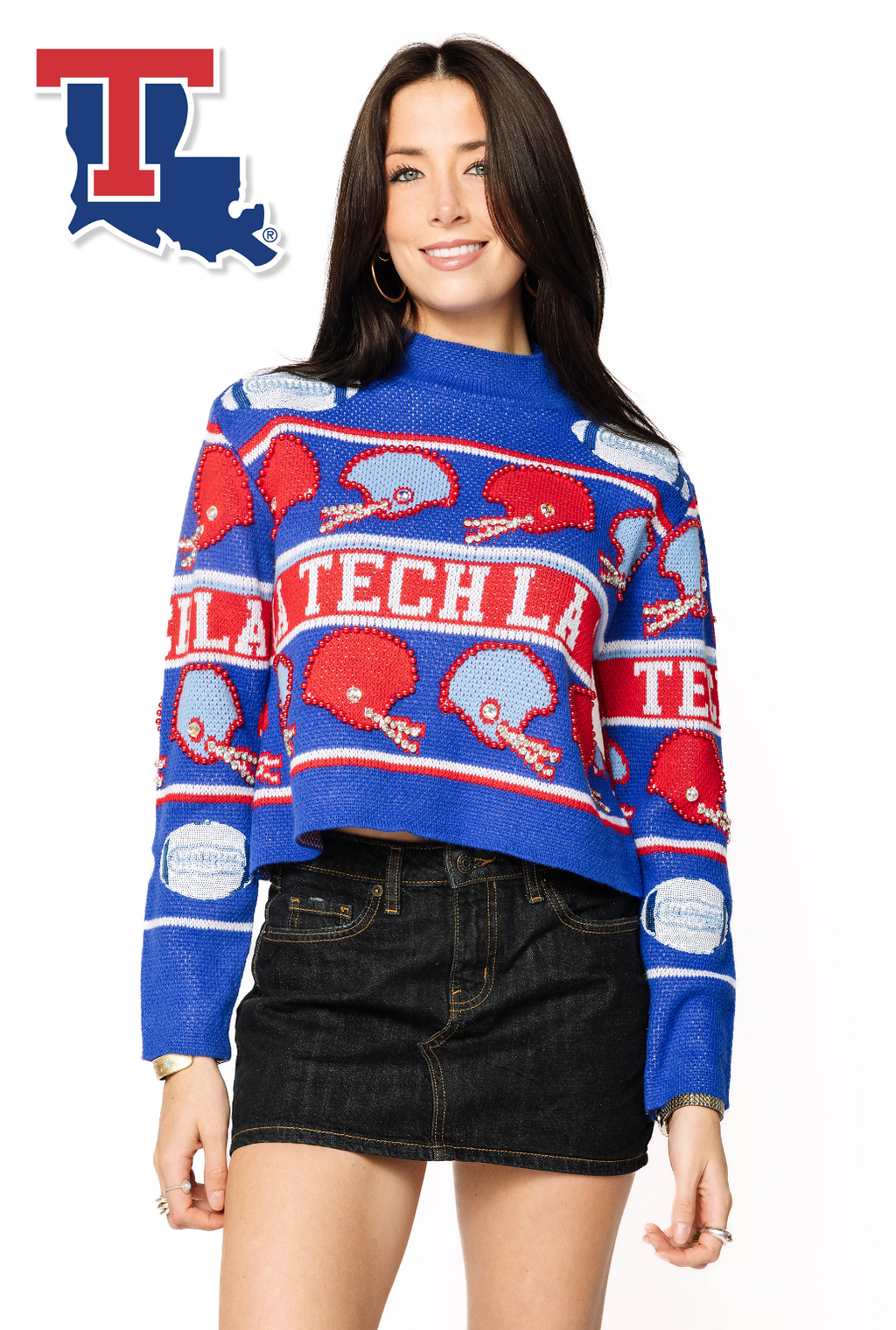 Licensed Sample - La Tech Vintage Football Helmet Stripe Turtle Neck Sweater