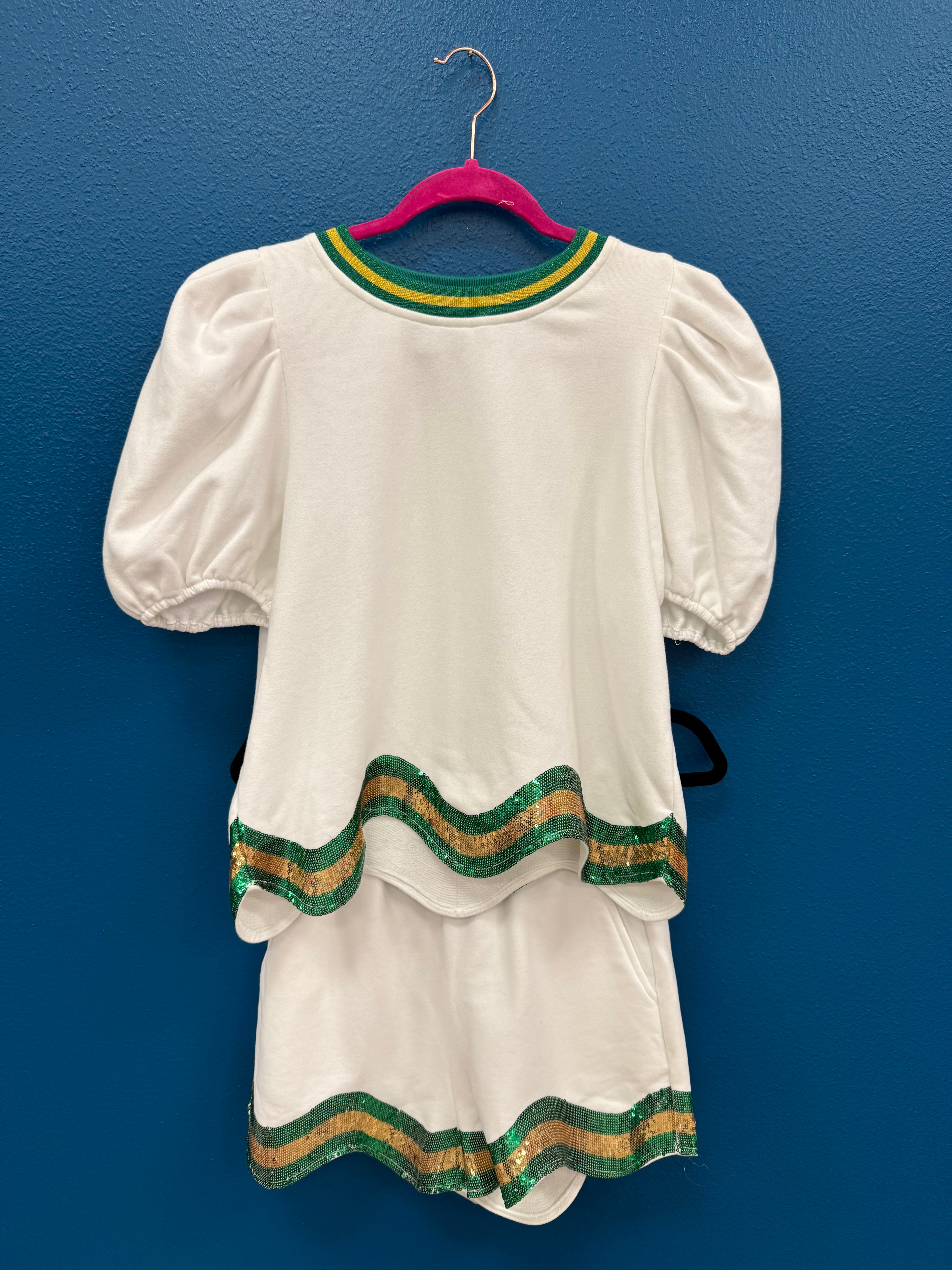 SAMPLE- White, Green & Gold Poof Sleeve Wavy Top/Short SET