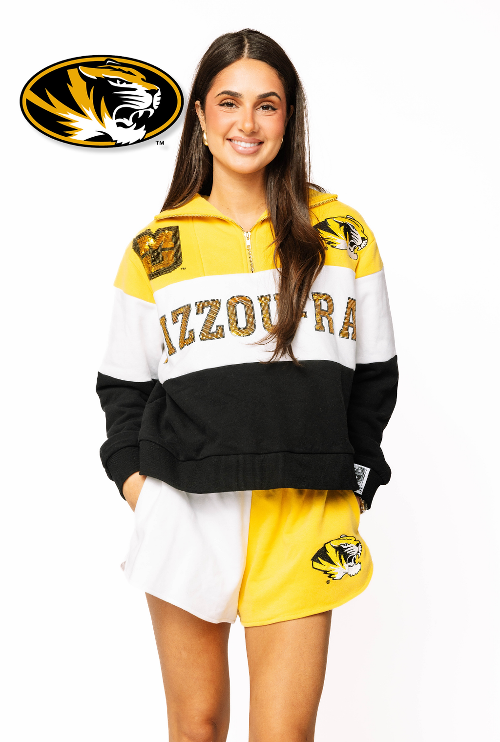 Licensed Sample - Mizzou Quarter Zip Colorblock Sweatshirt/Short Set