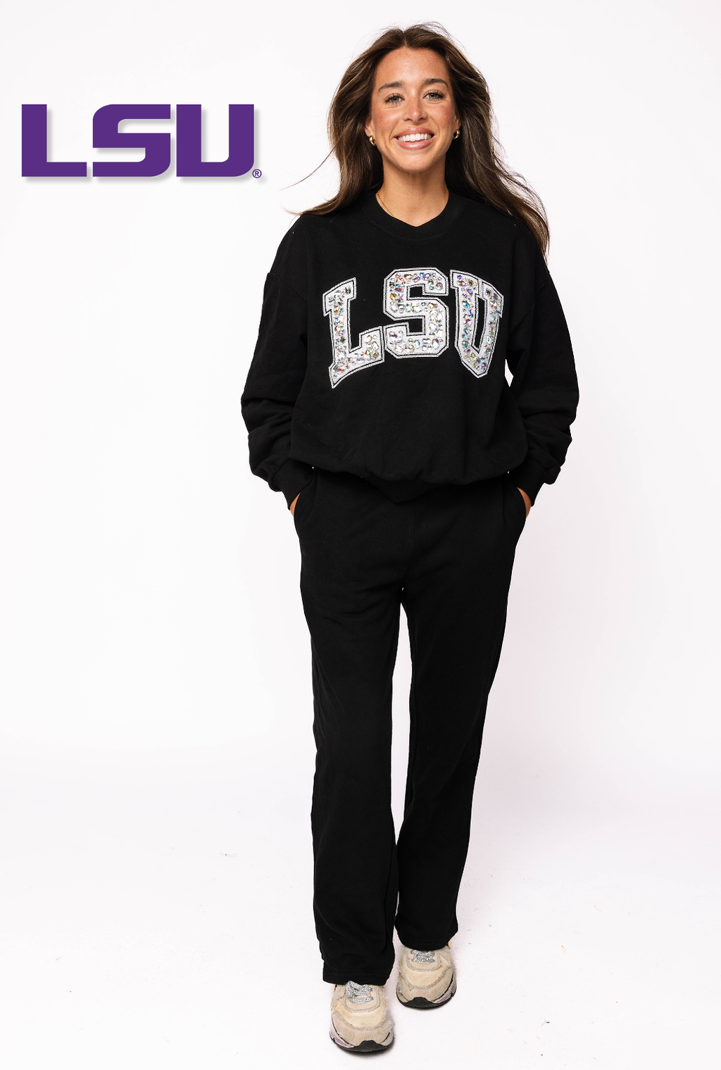 Licensed Sample - LSU Black w/ White Jewel Letter Sweatshirt and Sweatpants SET