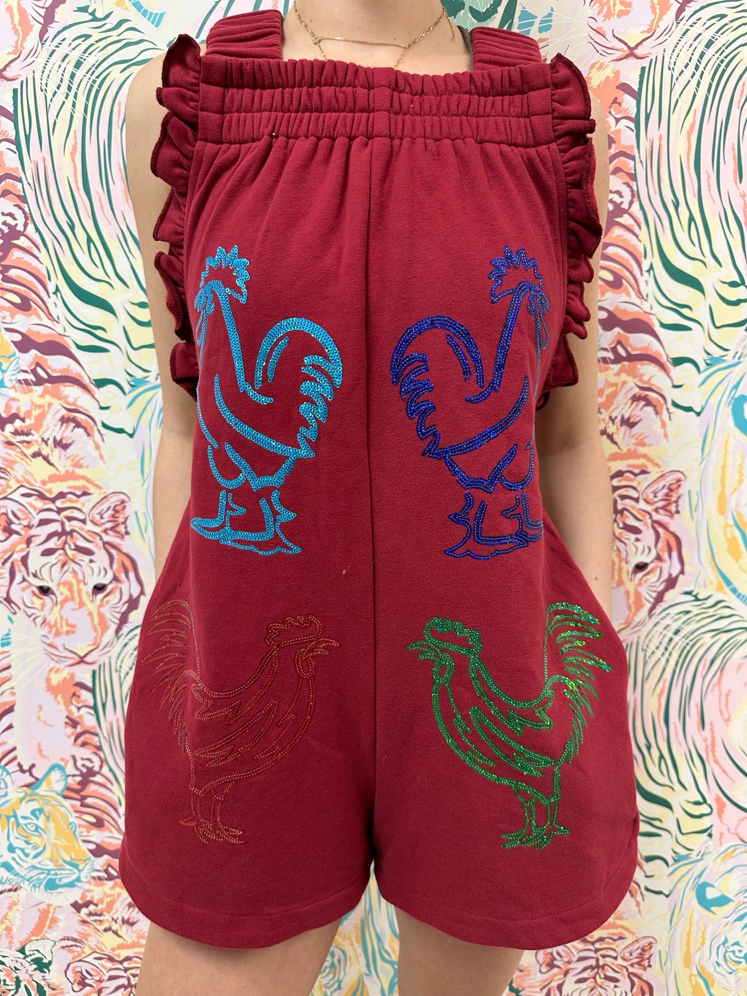 SAMPLE- MAROON & RAINBOW CHICKEN RUFFLE ROMPER