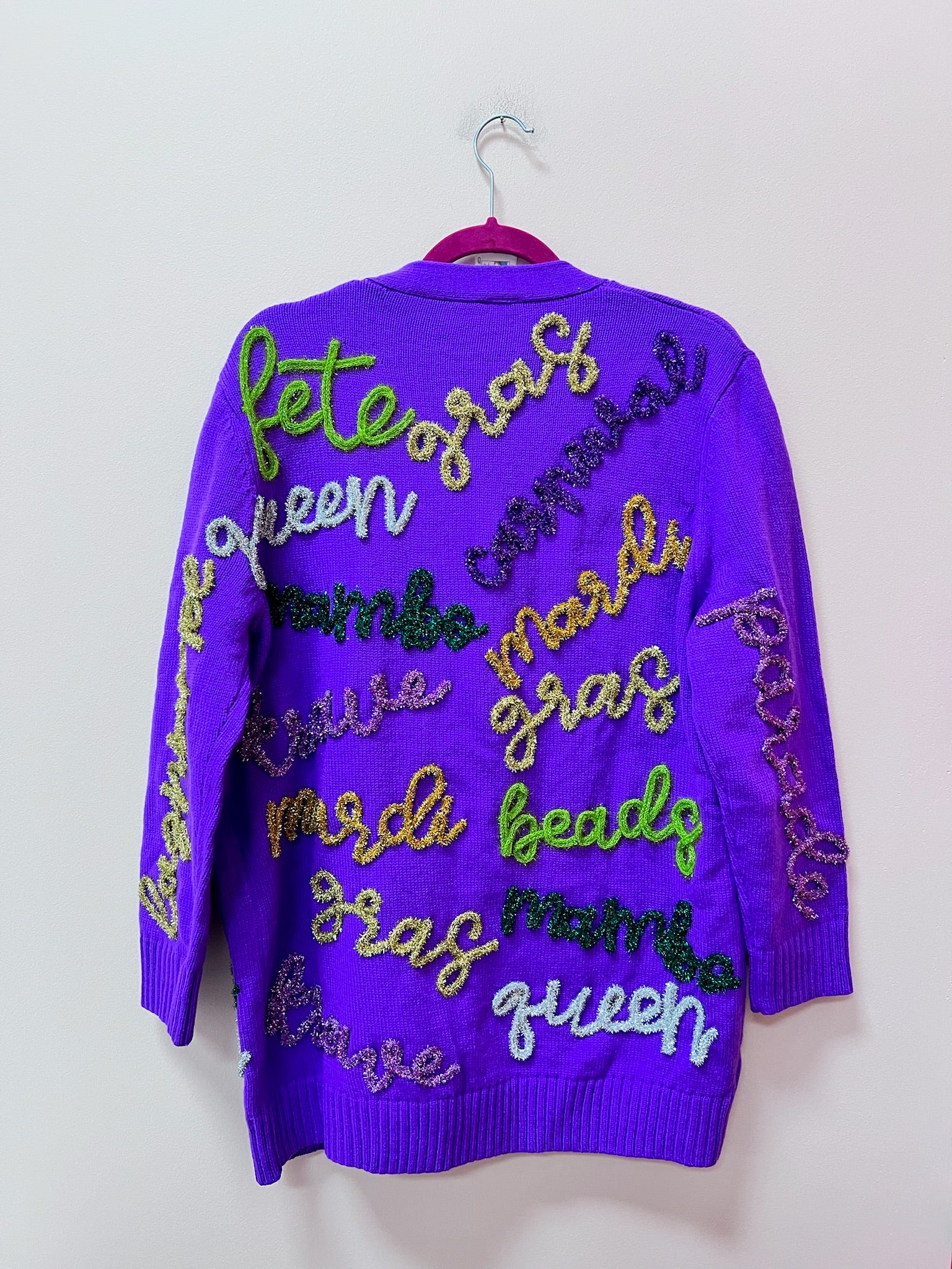 SAMPLE- PURPLE MARDI GRAS SCATTERED WORD CARDIGAN DRESS