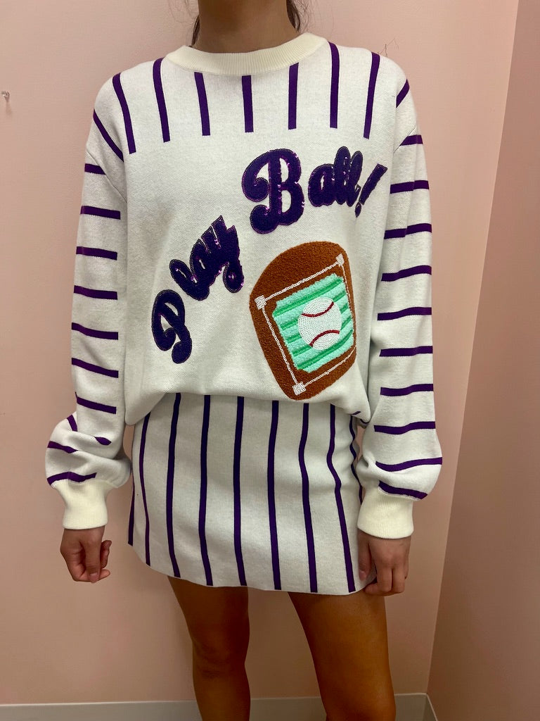 SAMPLE- Purple & White Stripe Play Ball Long Sleeve Sweater/Skirt SET