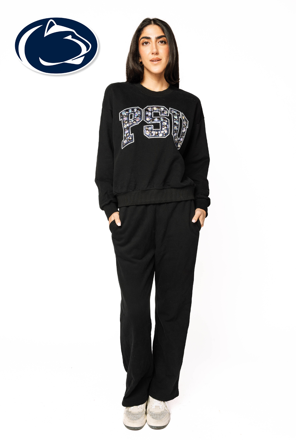 Licensed Sample - PSU Black W/ Multi Jewel Letter Sweatshirt/Pant SET