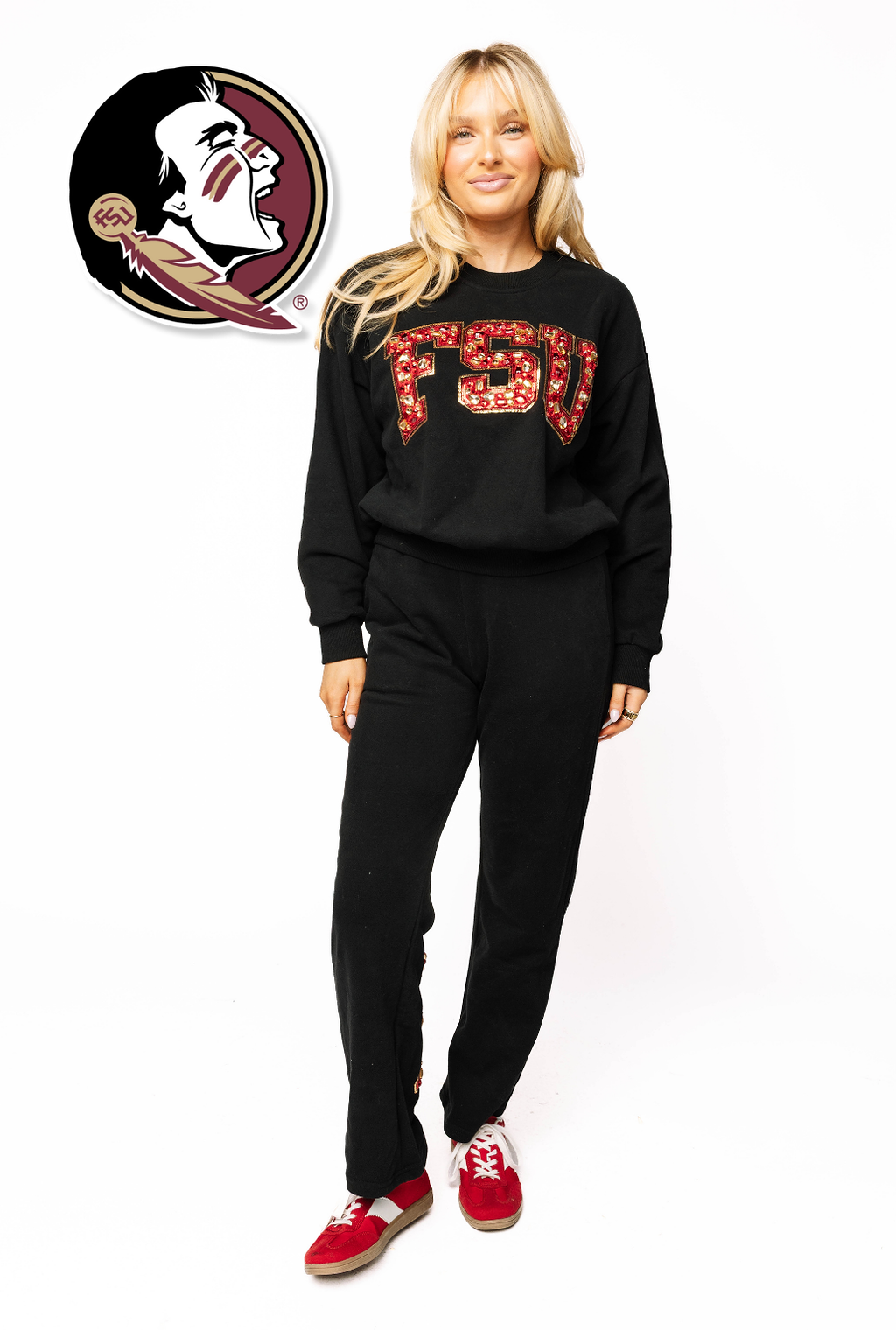 Licensed Sample - FSU Black W/ Multi Jewel Letter Sweatshirt/Pant SET
