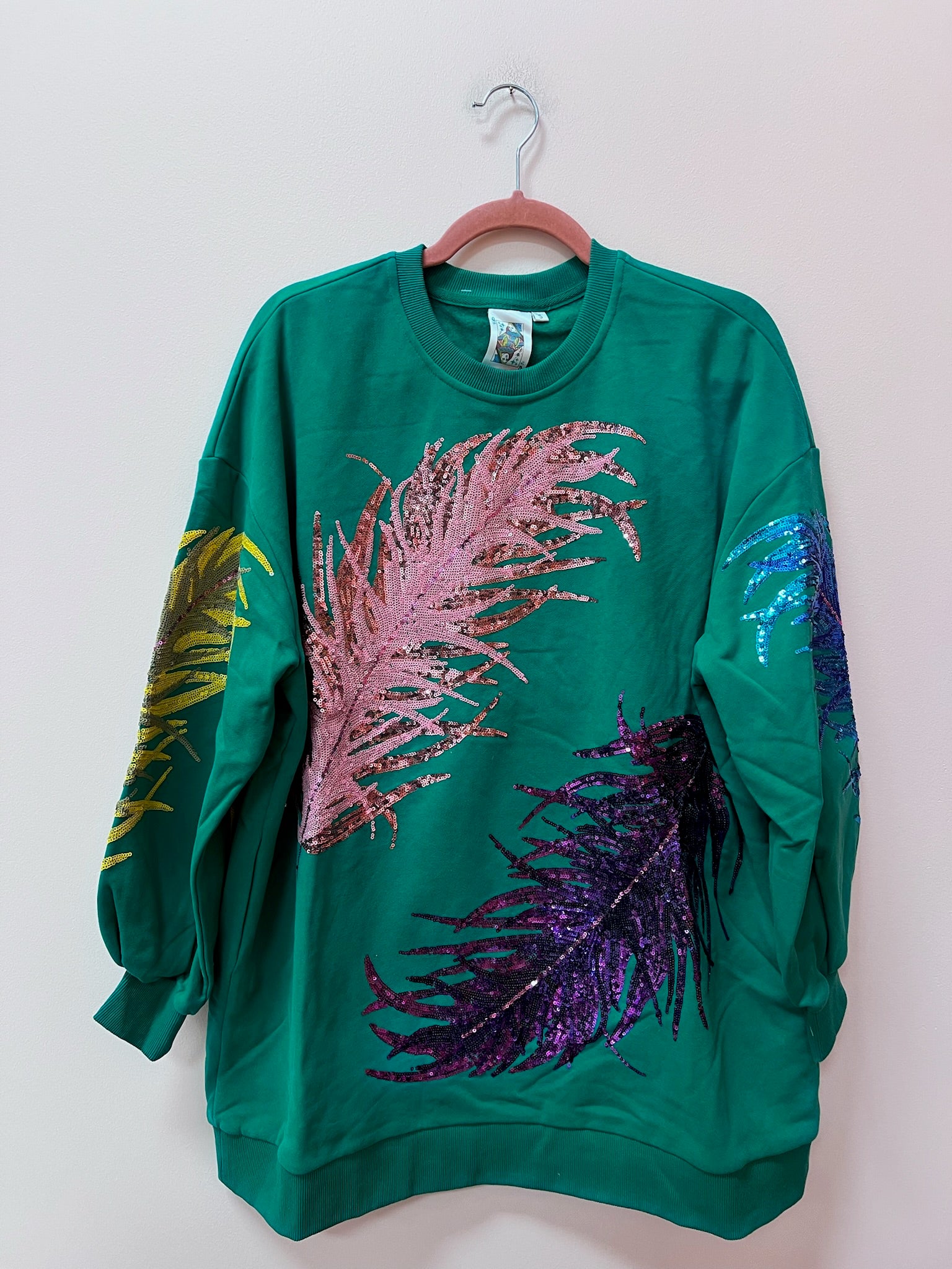 SAMPLE- GREEN MULTI FEATHER SWEATSHIRT DRESS