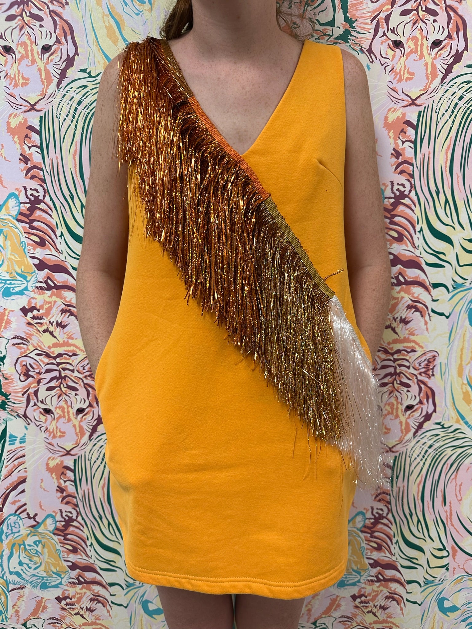 SAMPLE- Bright Orange & White Diagonal Metallic Fringe Dress