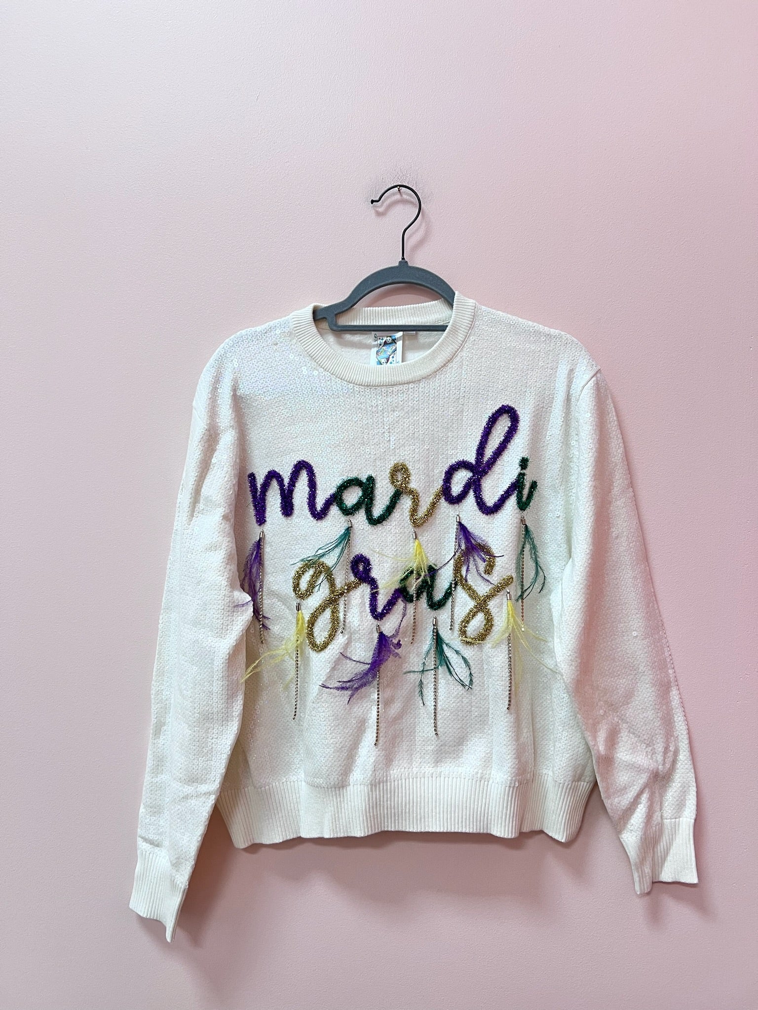 SAMPLE- WHITE FULL SEQUIN MARDI GRAS FEATHER SWEATER