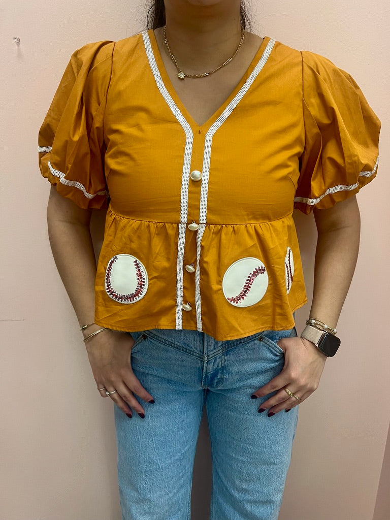 SAMPLE- Burnt Orange Leather Baseball Peplum Top