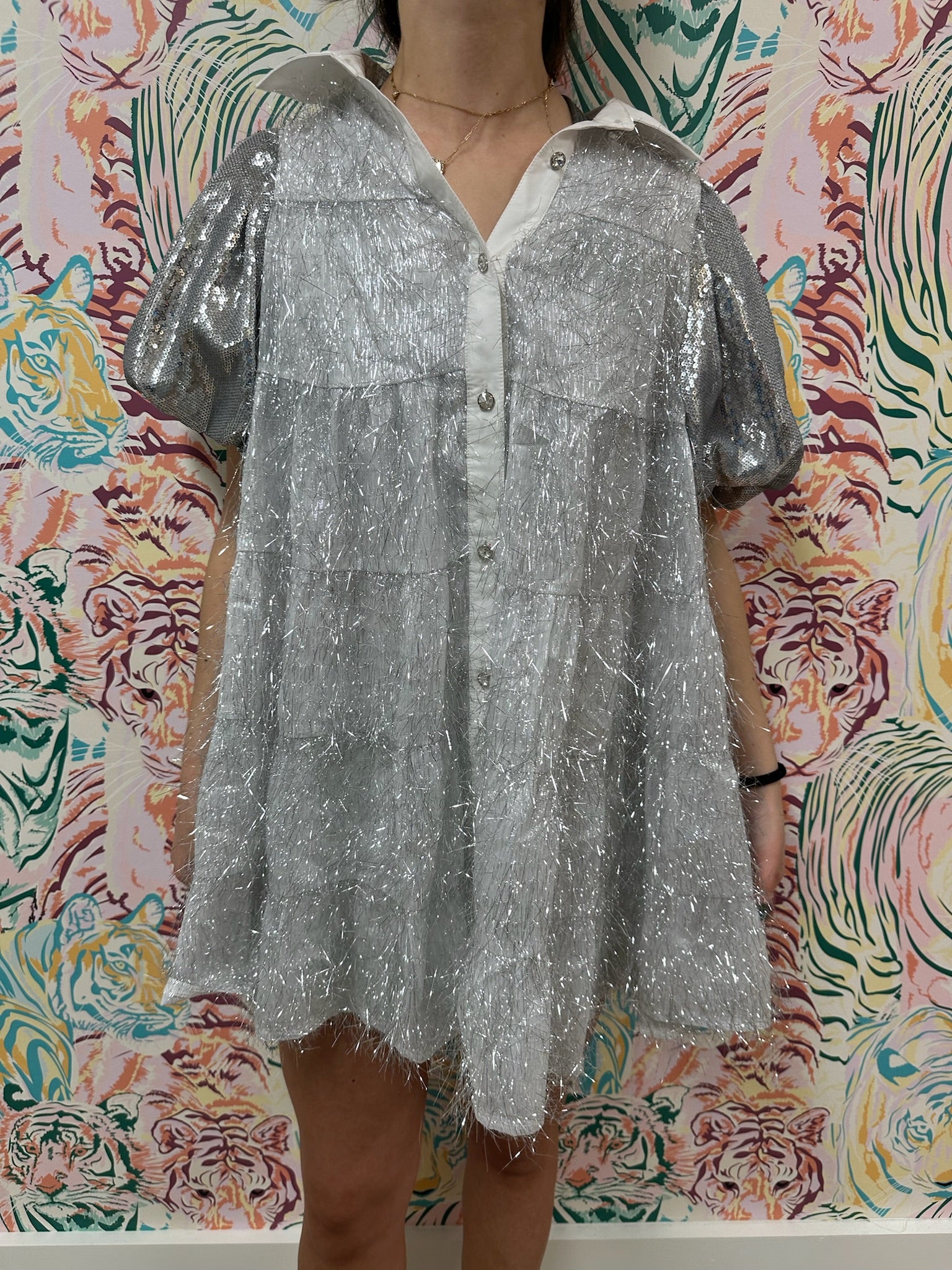 SAMPLE- White & Silver Tinsel Sequin Sleeve Dress