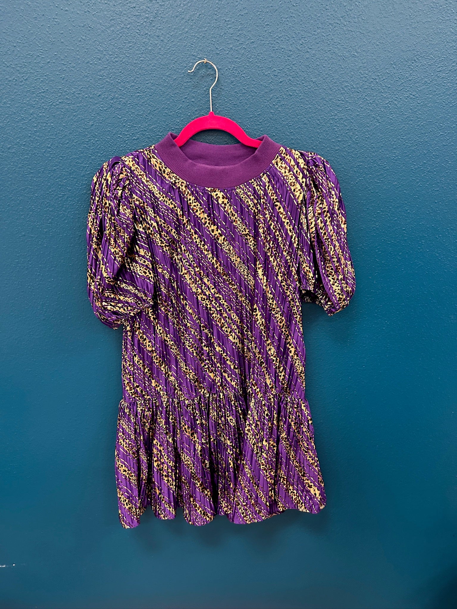 SAMPLE-  Purple Satin Leopard Stripe Poof Sleeve Dress