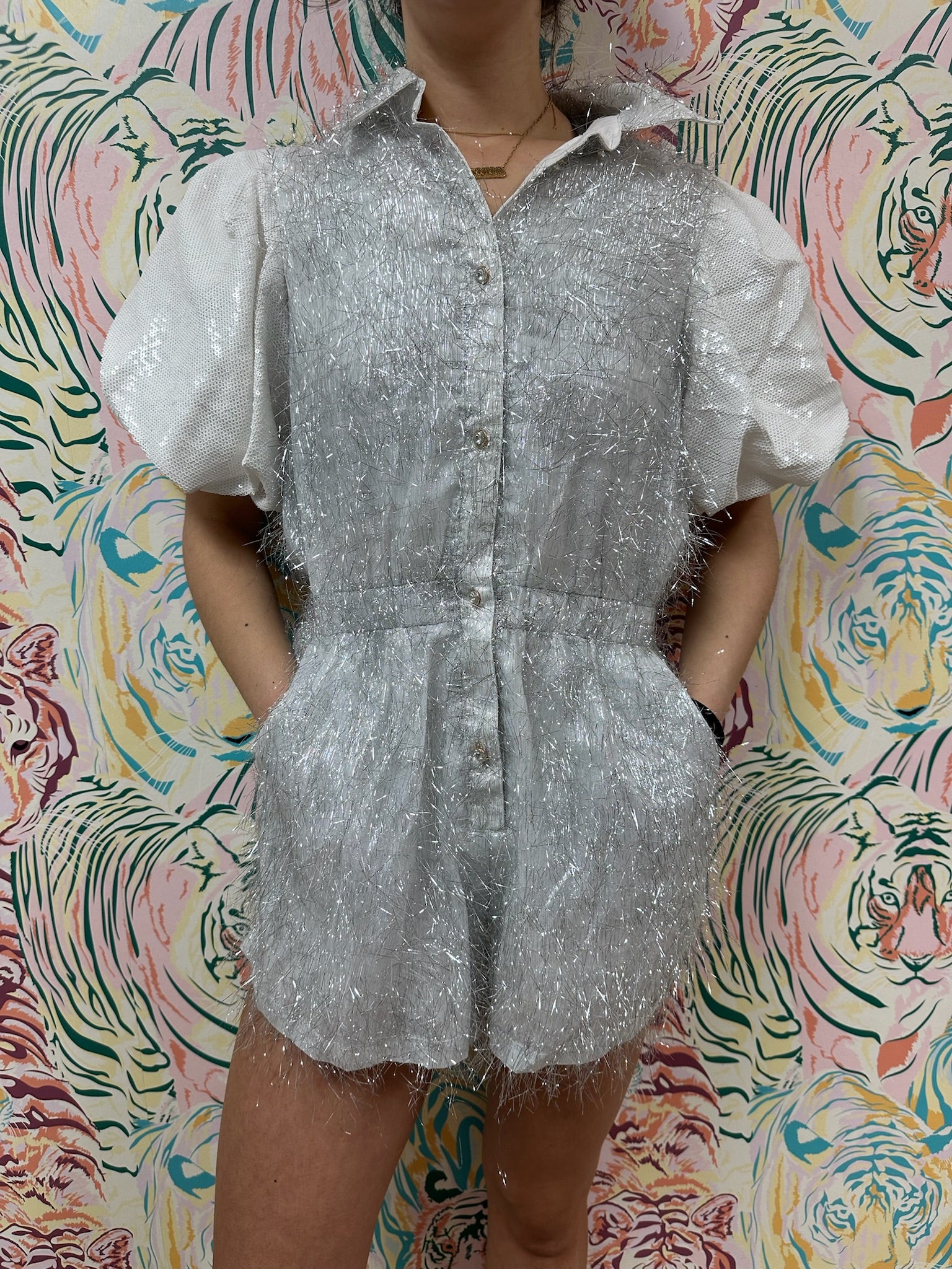 SAMPLE- White Tinsel Sequin Sleeve Romper