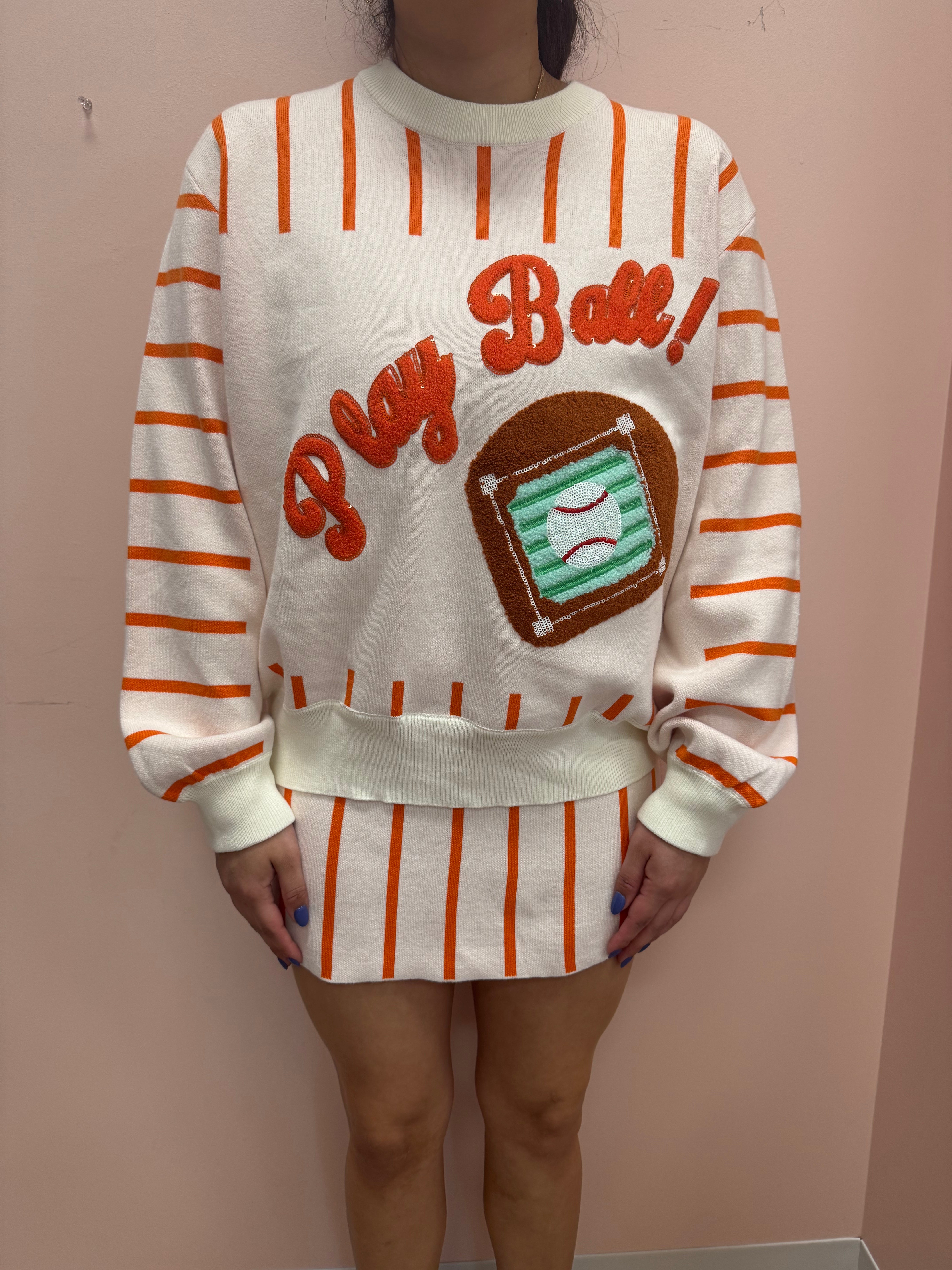 SAMPLE- Orange & White Stripe Play Ball Long Sleeve Sweater/Skirt SET