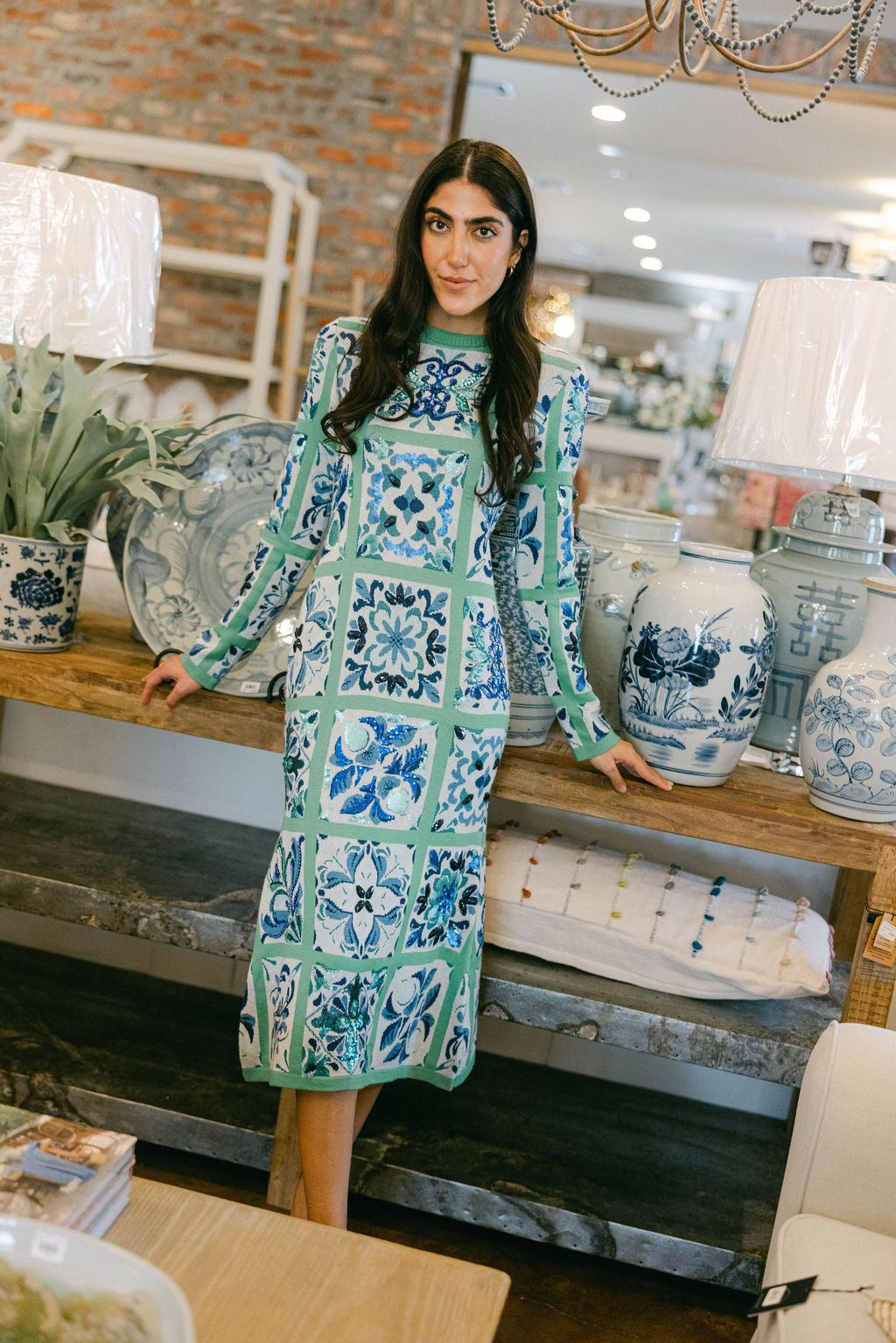 Green & Blue Italian Tile Knit Midi Dress Queen of Sparkles Green & Blue Italian Tile Knit Midi Dress Queen of Sparkles