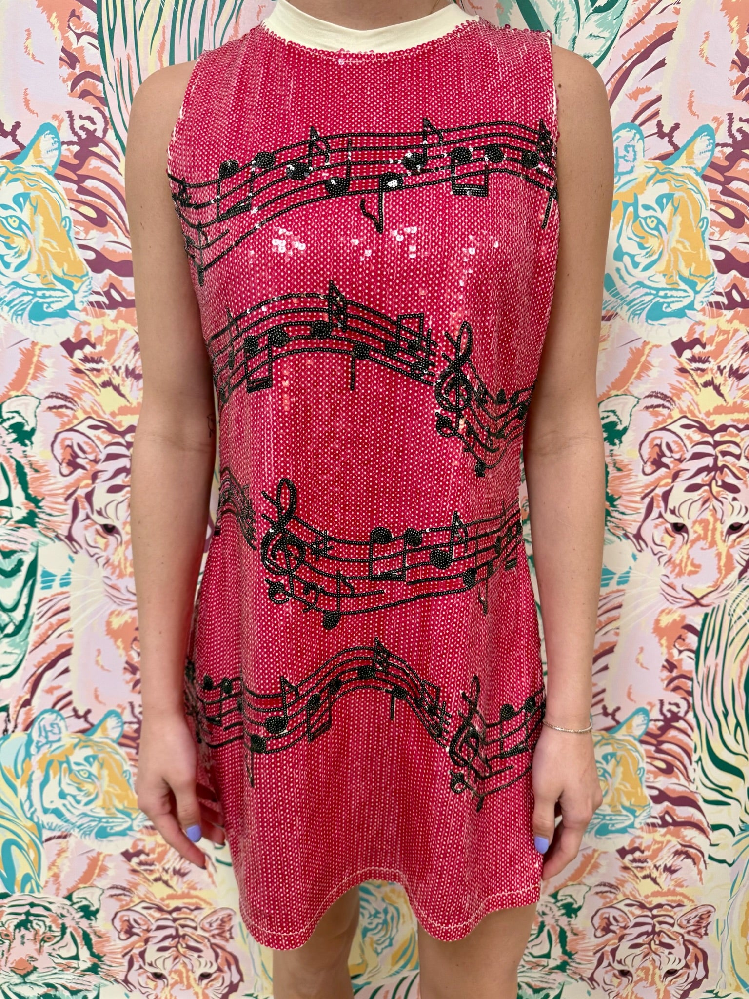 SAMPLE- PINK SEQUIN TANK DRESS WITH MUSIC NOTES