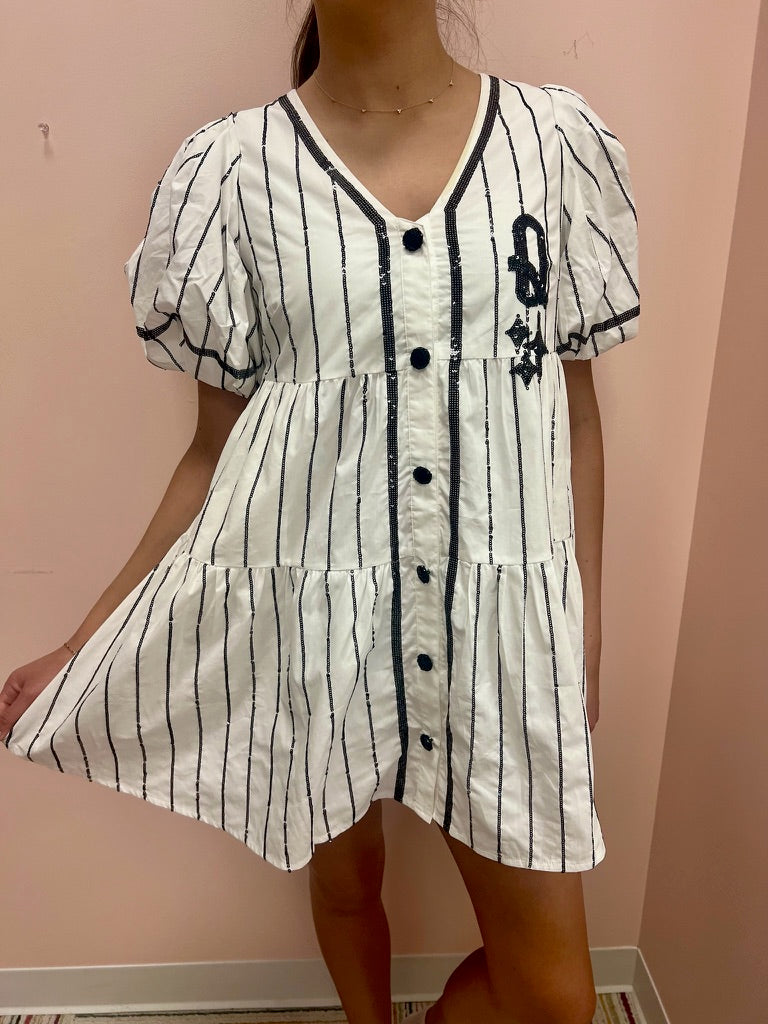 SAMPLE- White With Black Pinstripe Queen Team Jersey Dress