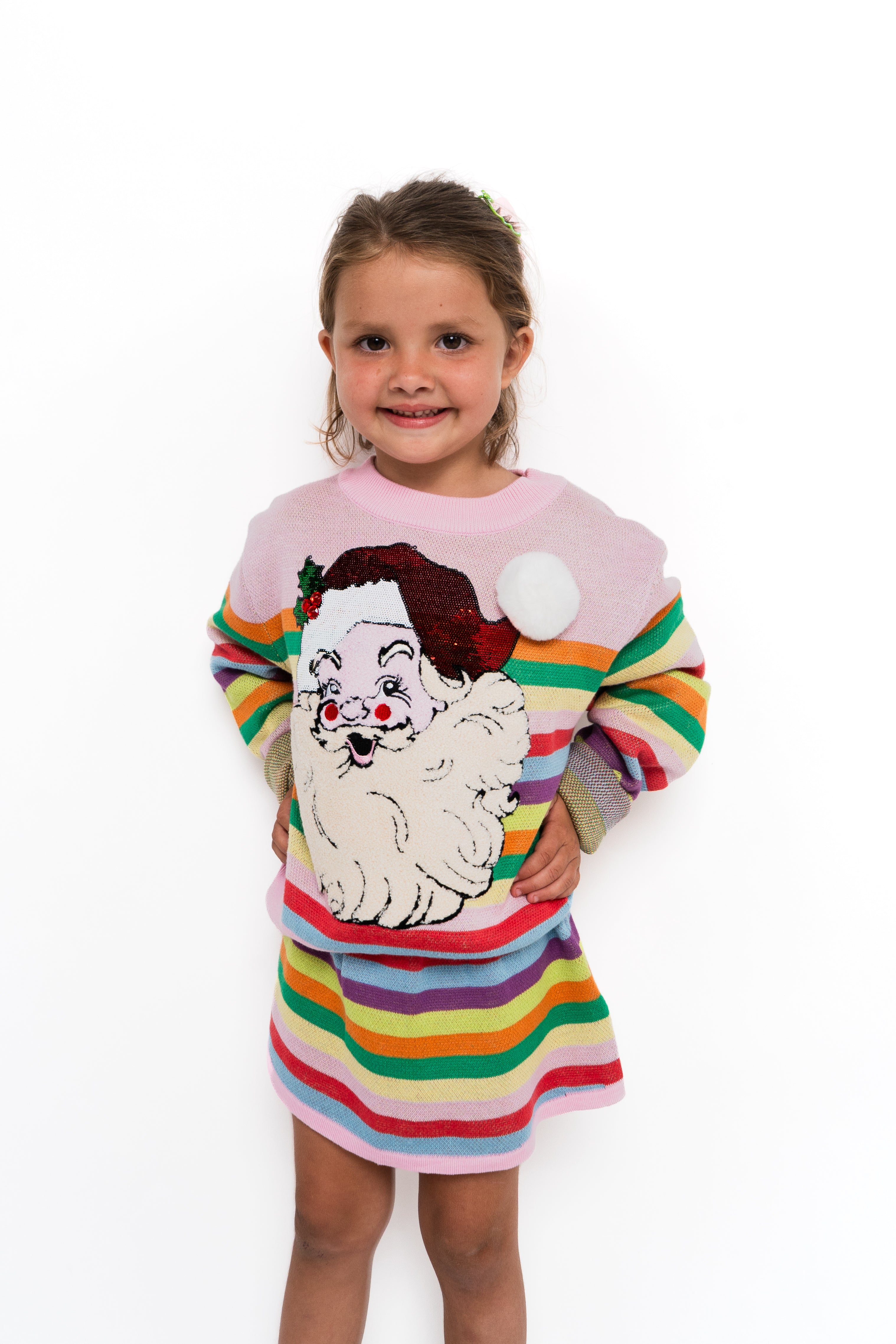 Kids Pink Rainbow Striped Santa Claus Sweater