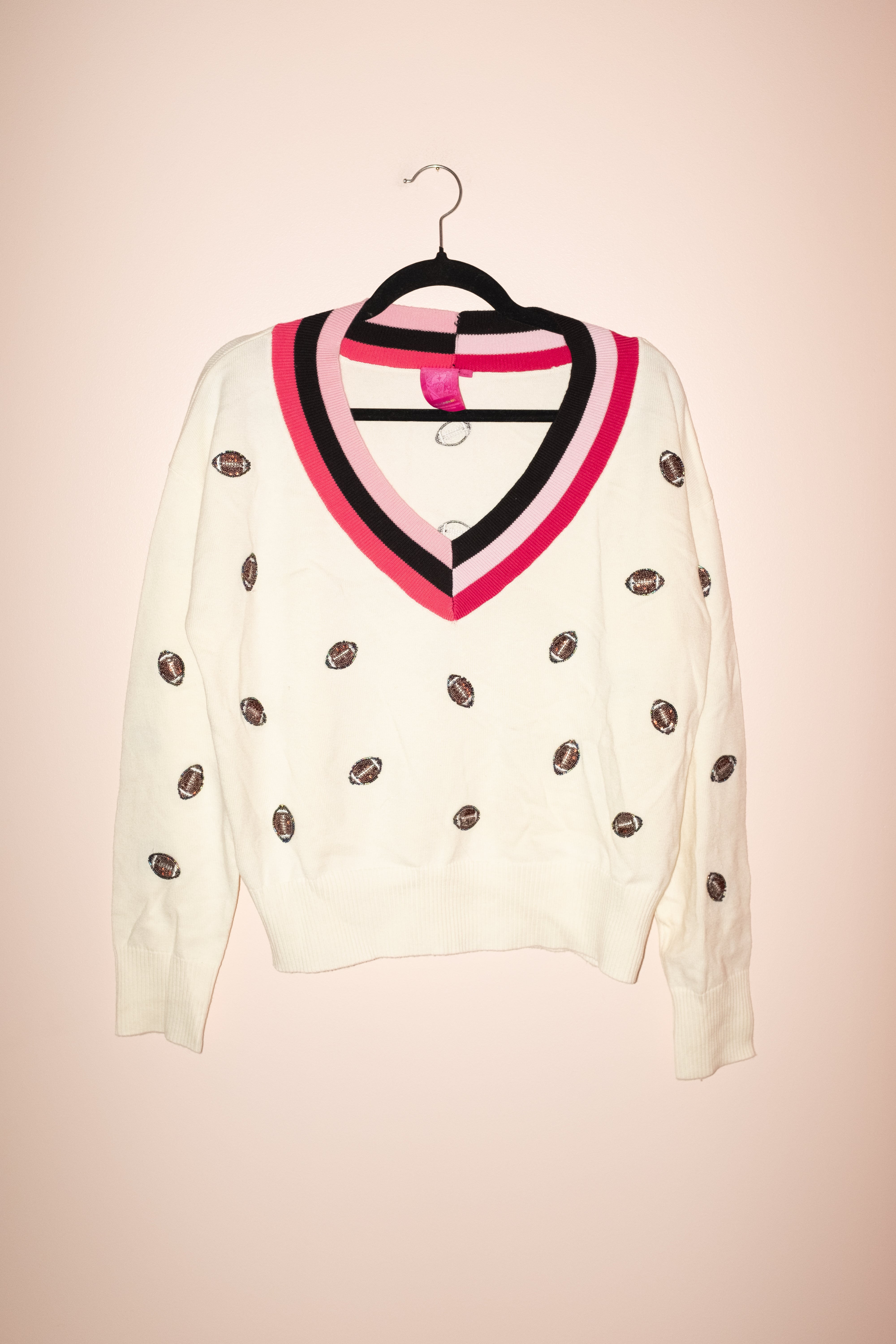 SAMPLE- IVORY, PINK & BLACK V NECK SCATTER FOOTBALL SWEATER