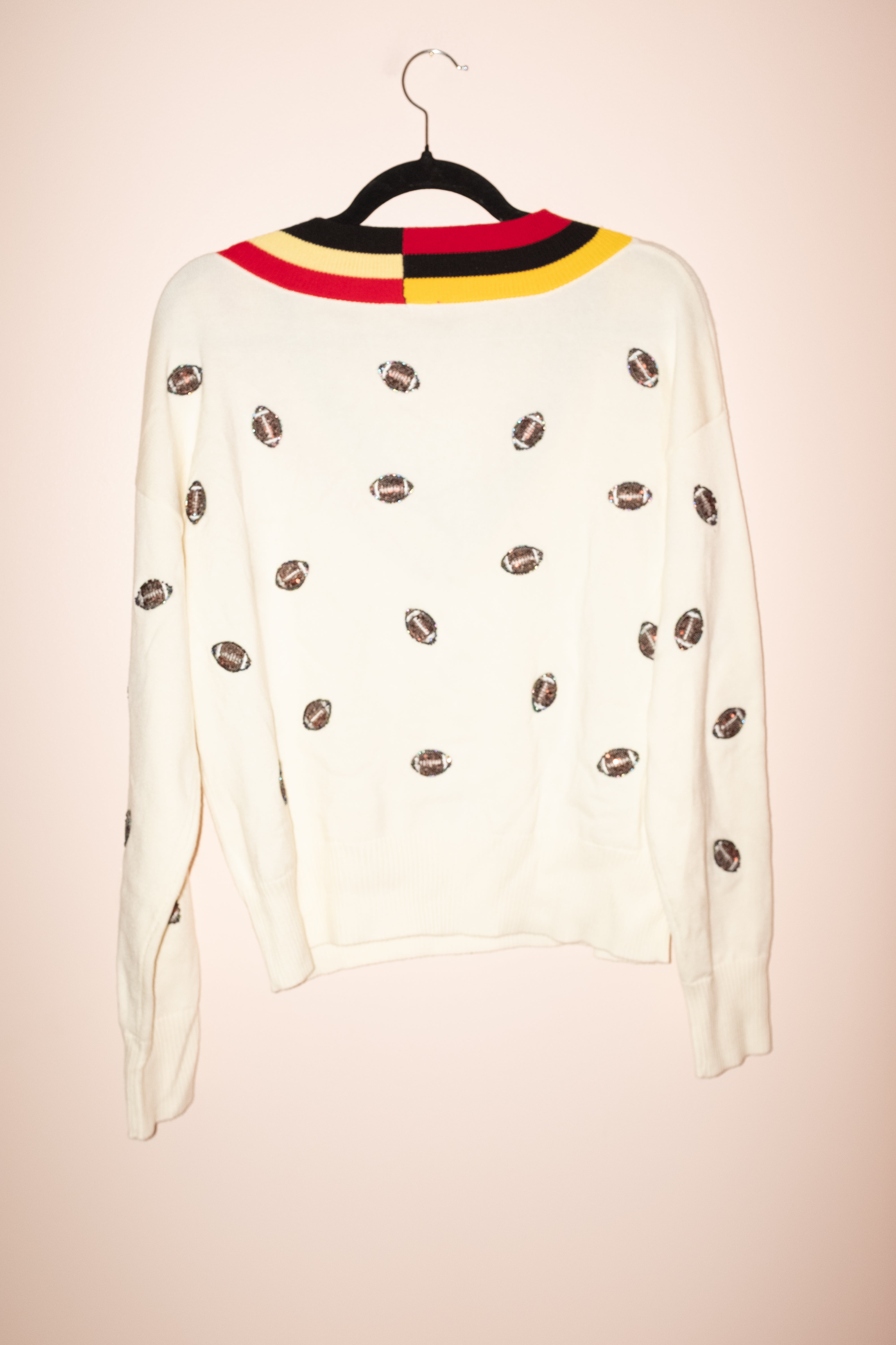 SAMPLE- IVORY, RED, YELLOW & BLACK V NECK SCATTER FOOTBALL SWEATER