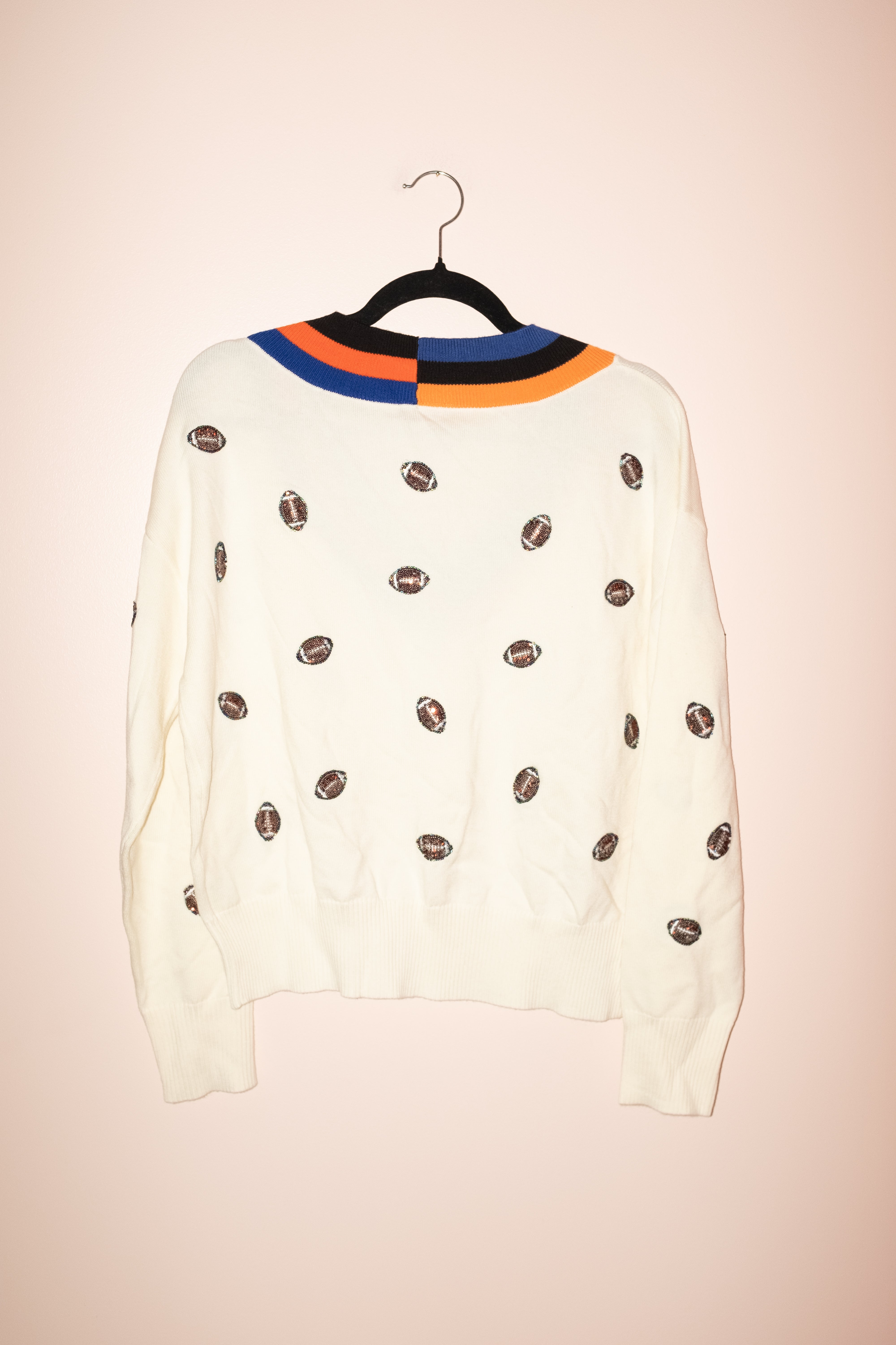 SAMPLE- IVORY, ROYAL, ORANGE & BLACK V NECK SCATTER FOOTBALL SWEATER