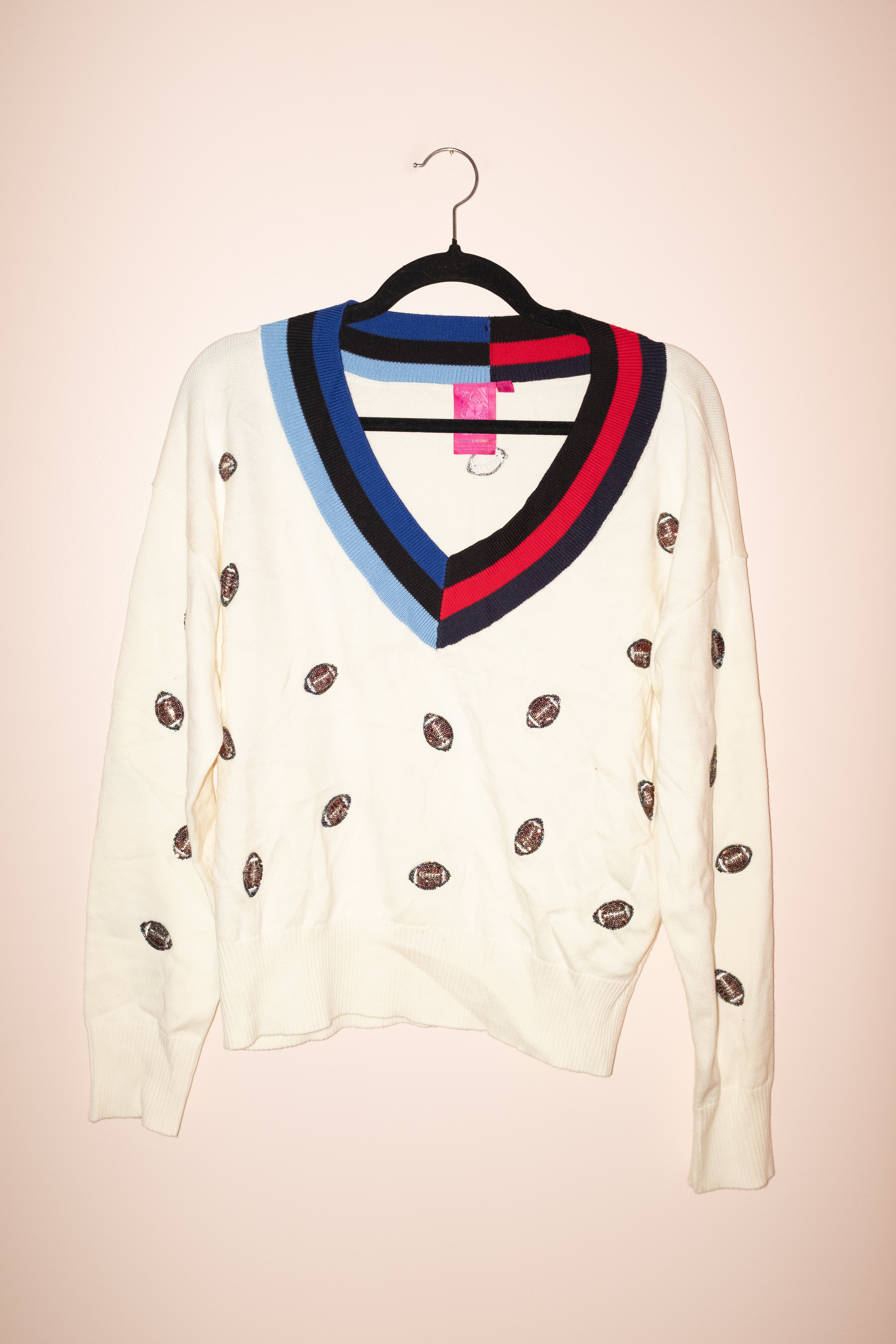 SAMPLE- IVORY, BLUE & RED V NECK SCATTER FOOTBALL SWEATER