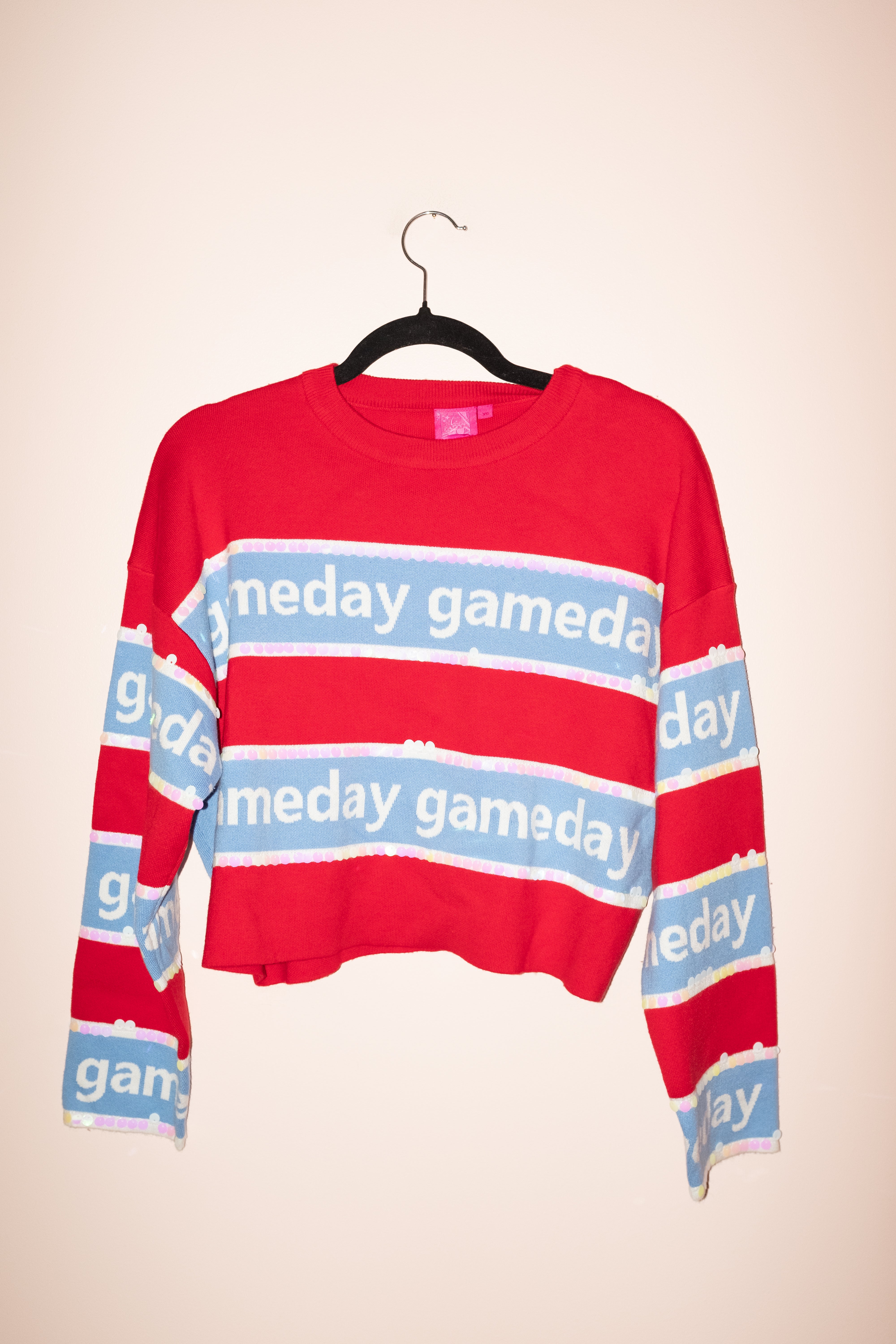 SAMPLE- RED & POWDER BLUE STRIPE 'GAMEDAY' LONG SLEEVE SWEATER