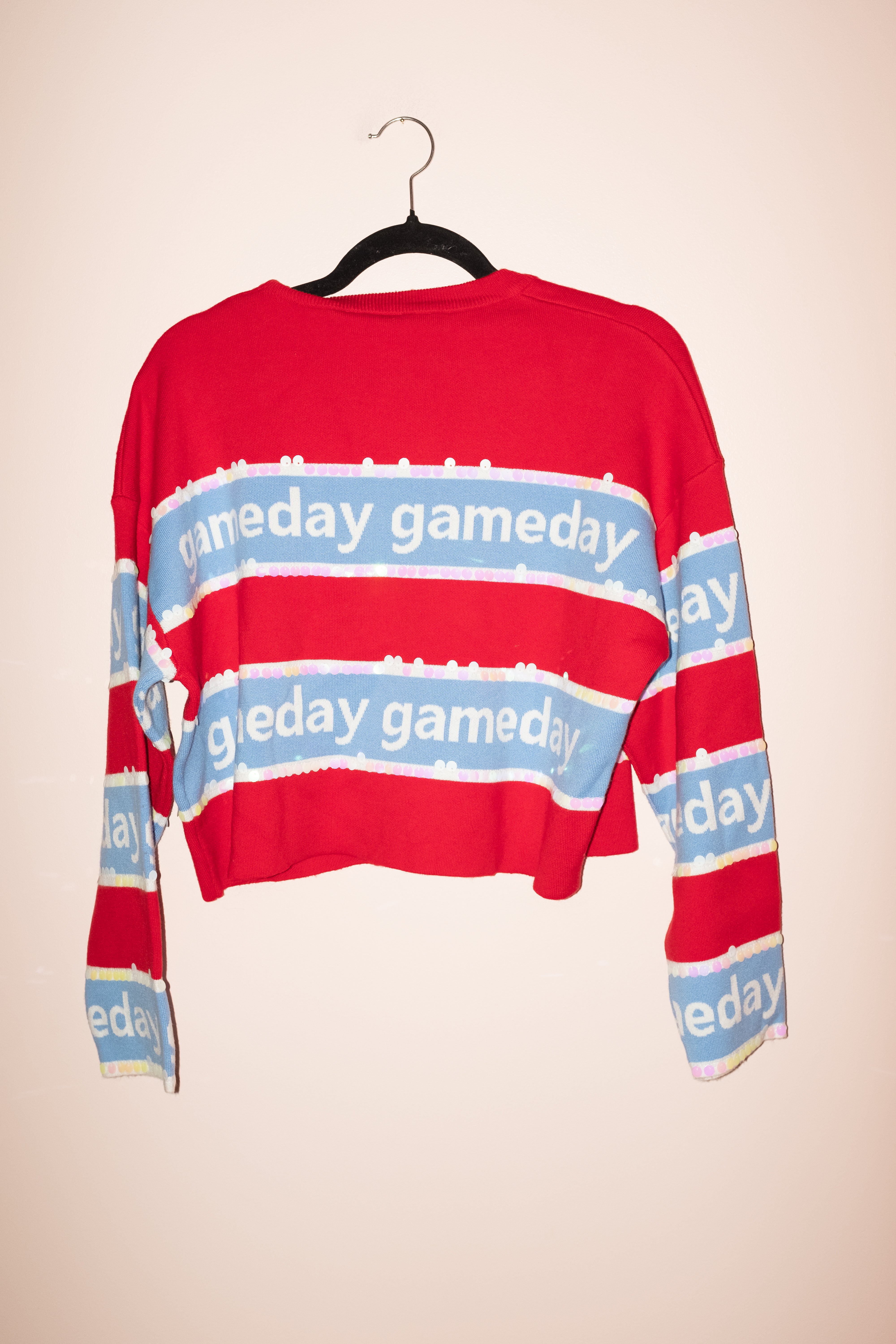 SAMPLE- RED & POWDER BLUE STRIPE 'GAMEDAY' LONG SLEEVE SWEATER