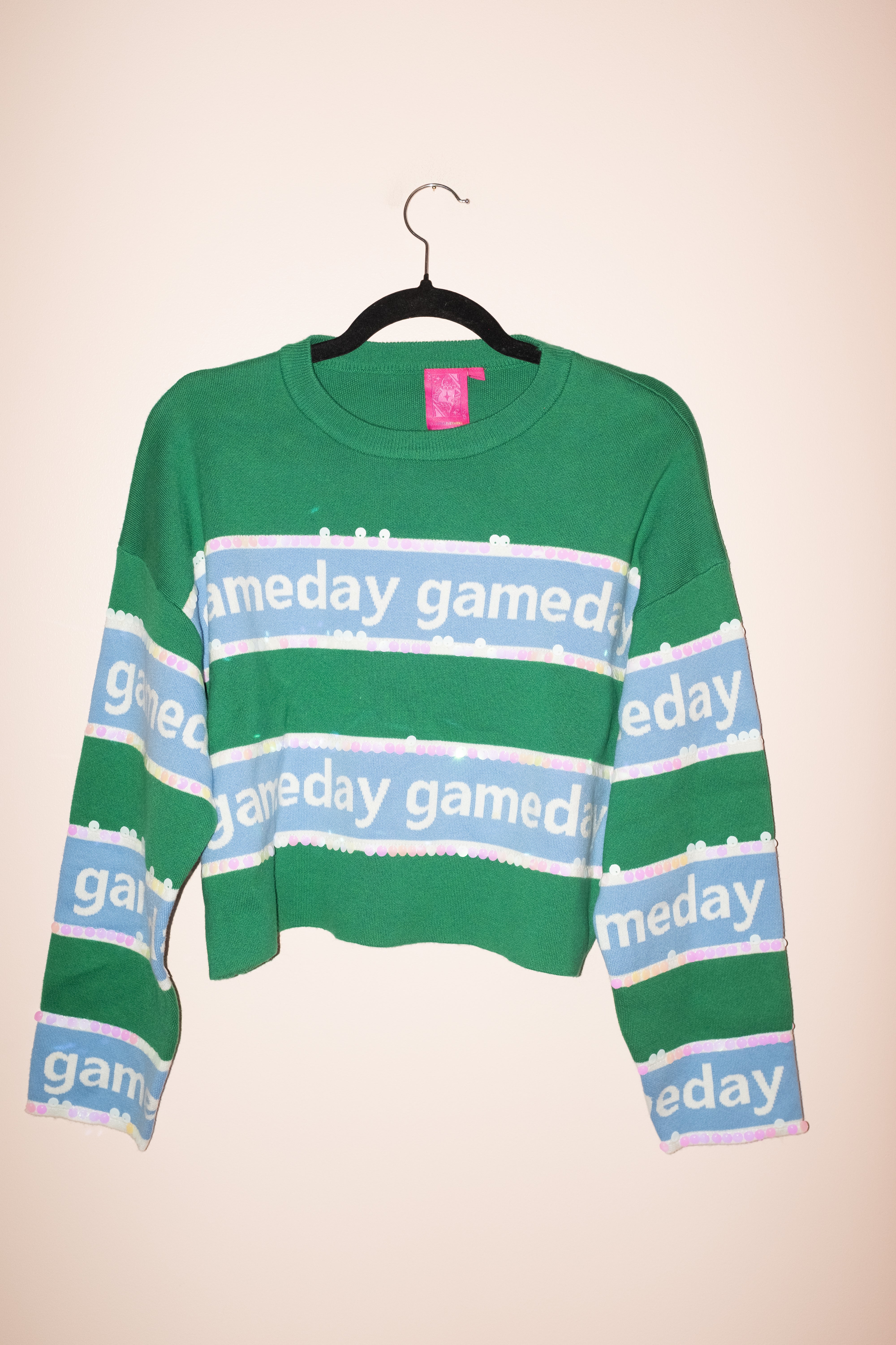 SAMPLE- GREEN & LIGHT BLUE STRIPE 'GAMEDAY' LONG SLEEVE SWEATER