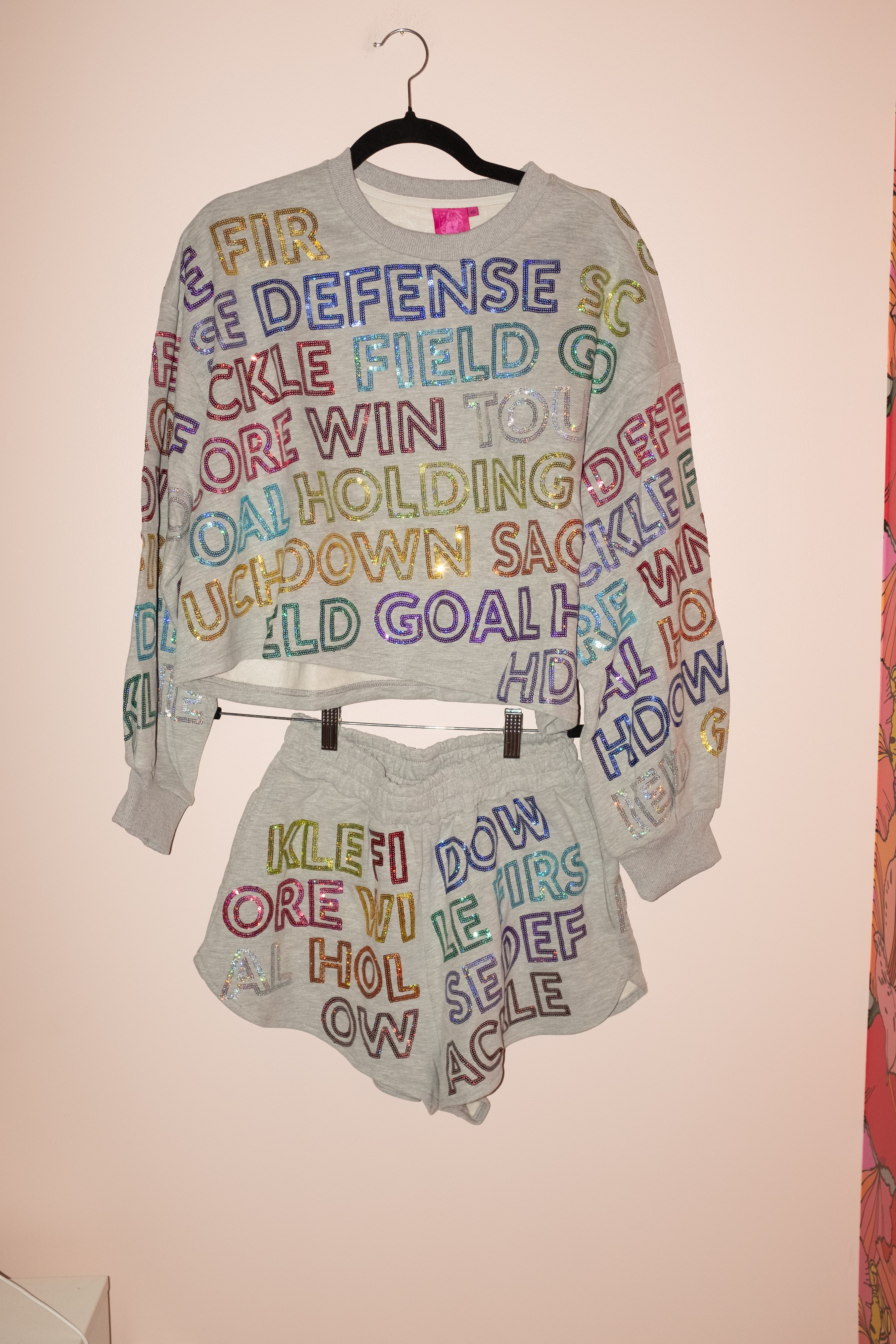 SAMPLE- GREY MULTI FOOTBALL WORDS SWEATSHIRT/SHORT SET