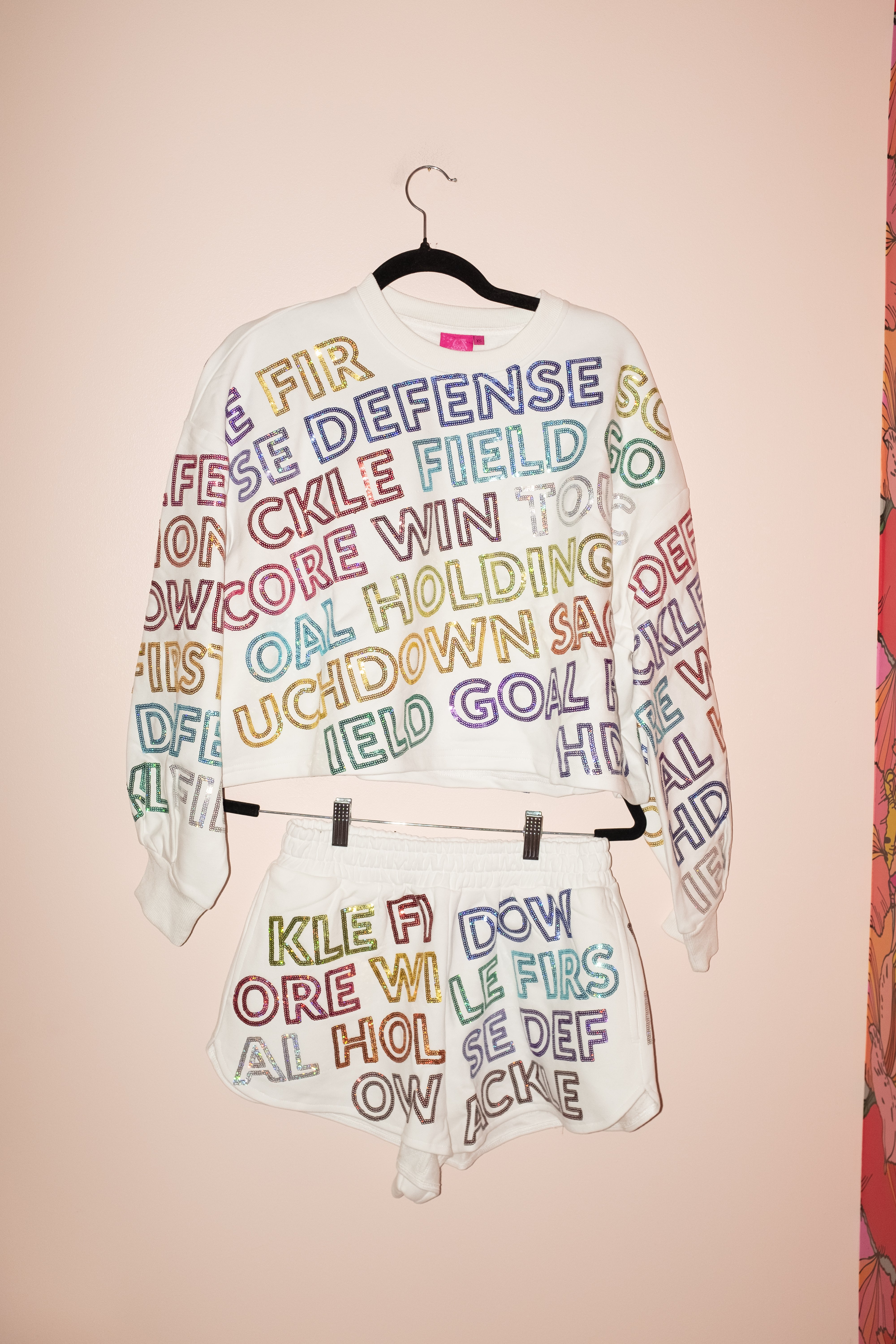 SAMPLE- WHITE MULTI FOOTBALL WORDS SWEATSHIRT/SHORT SET