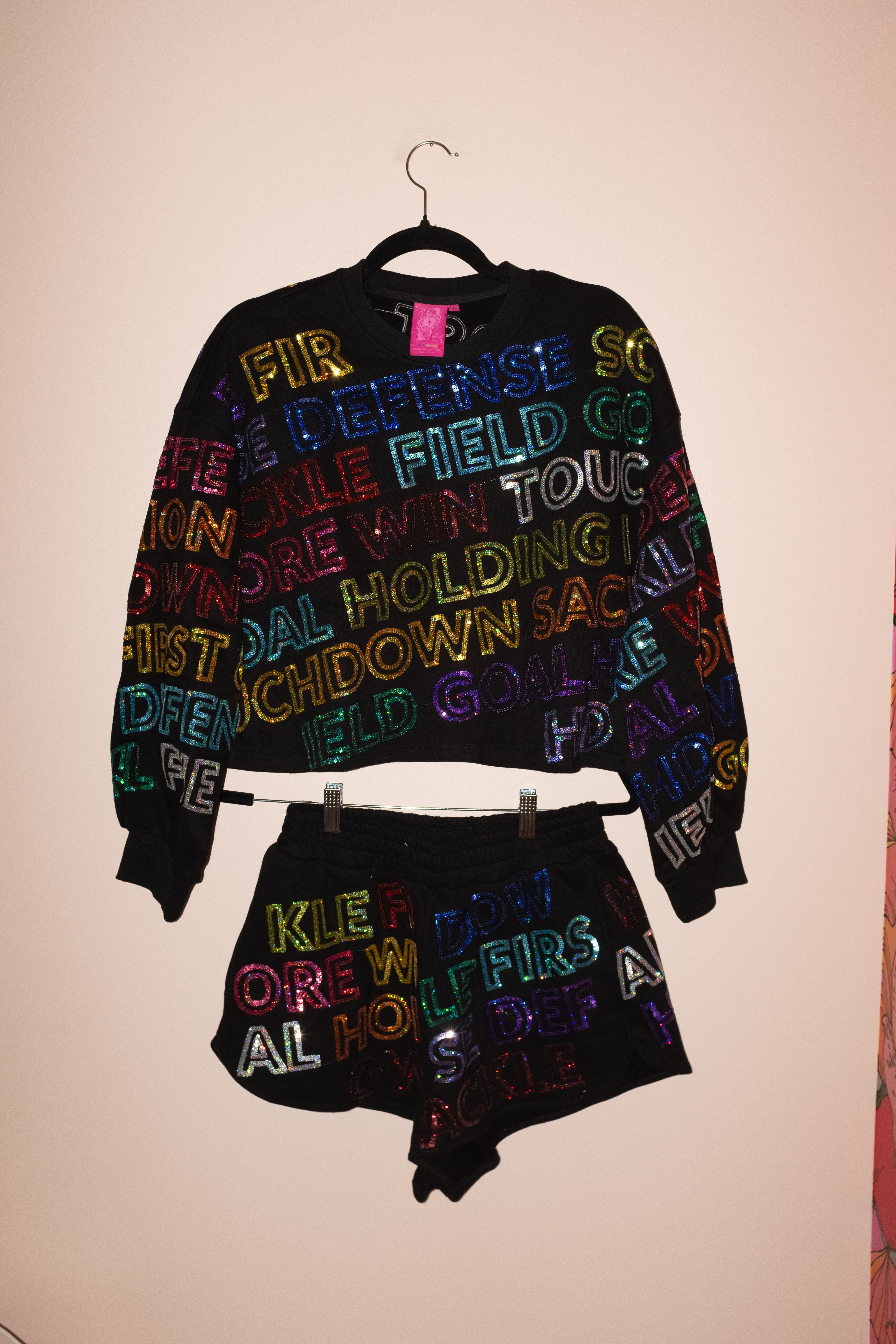 SAMPLE- BLACK MULTI FOOTBALL WORDS SWEATSHIRT/SHORT SET