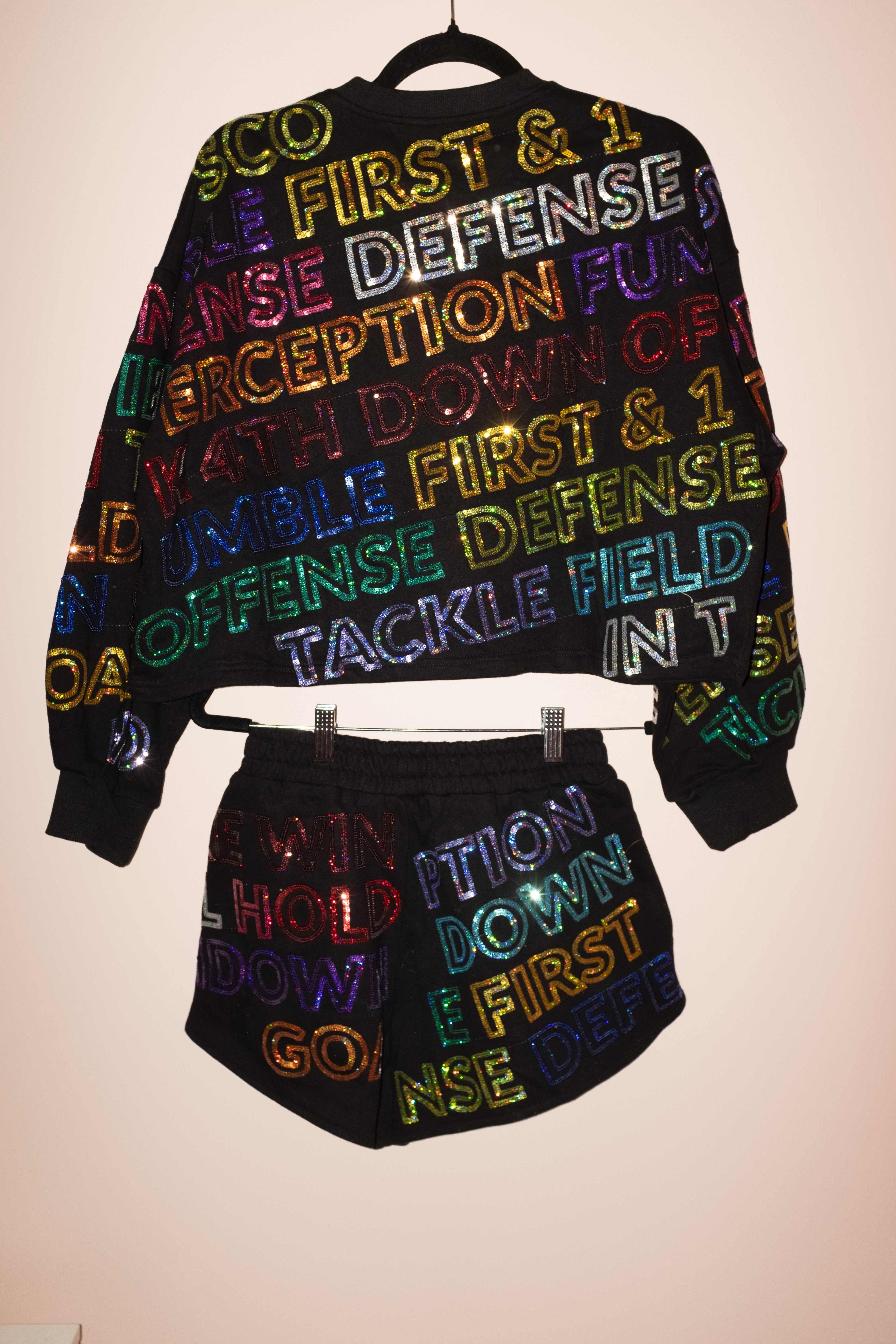 SAMPLE- BLACK MULTI FOOTBALL WORDS SWEATSHIRT/SHORT SET