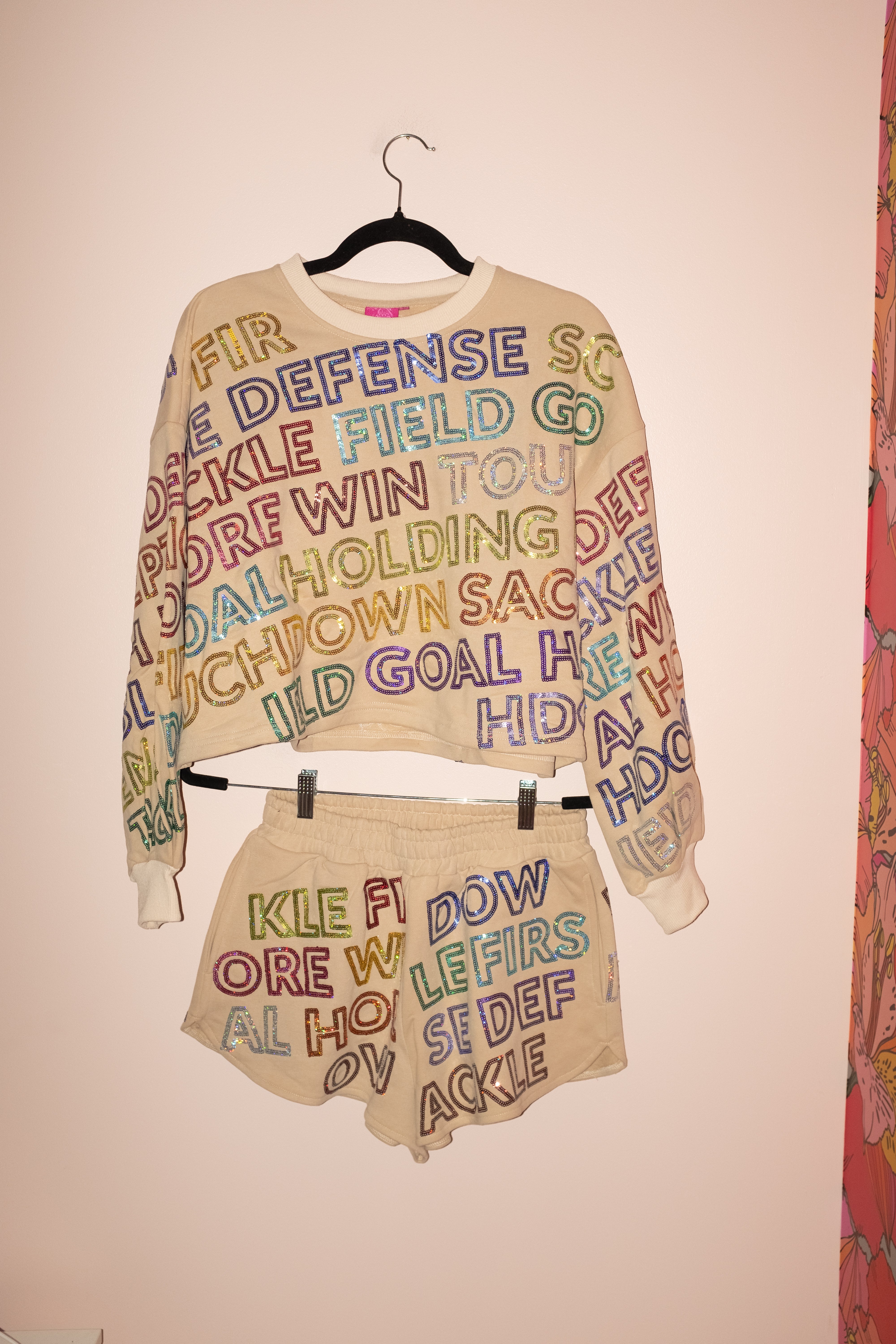 SAMPLE- BEIGE MULTI FOOTBALL WORDS SWEATSHIRT/SHORT SET