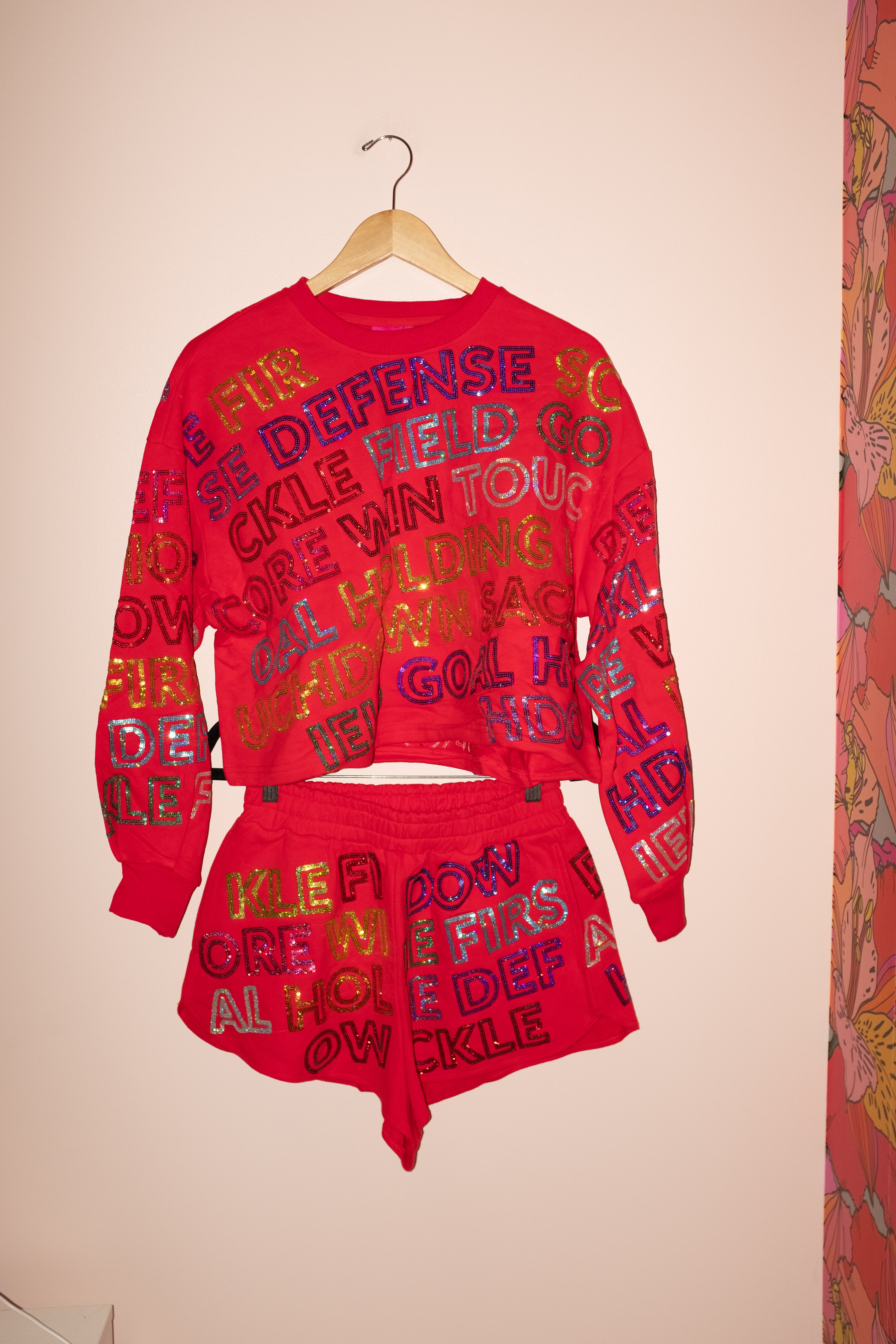 SAMPLE- RED MULTI FOOTBALL WORDS SWEATSHIRT/SHORT SET