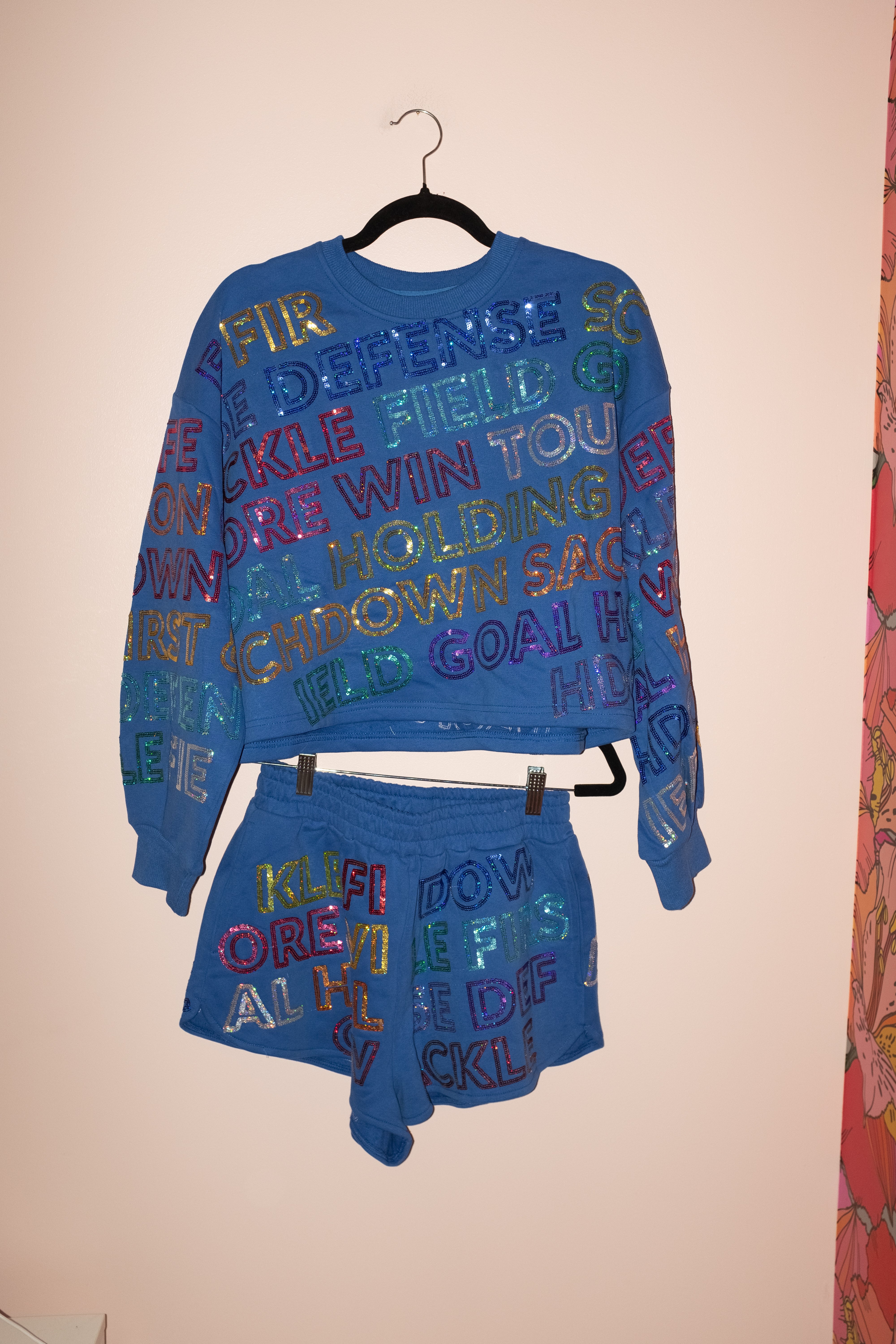 SAMPLE- ROYAL MULTI FOOTBALL WORDS SWEATSHIRT/SHORT SET