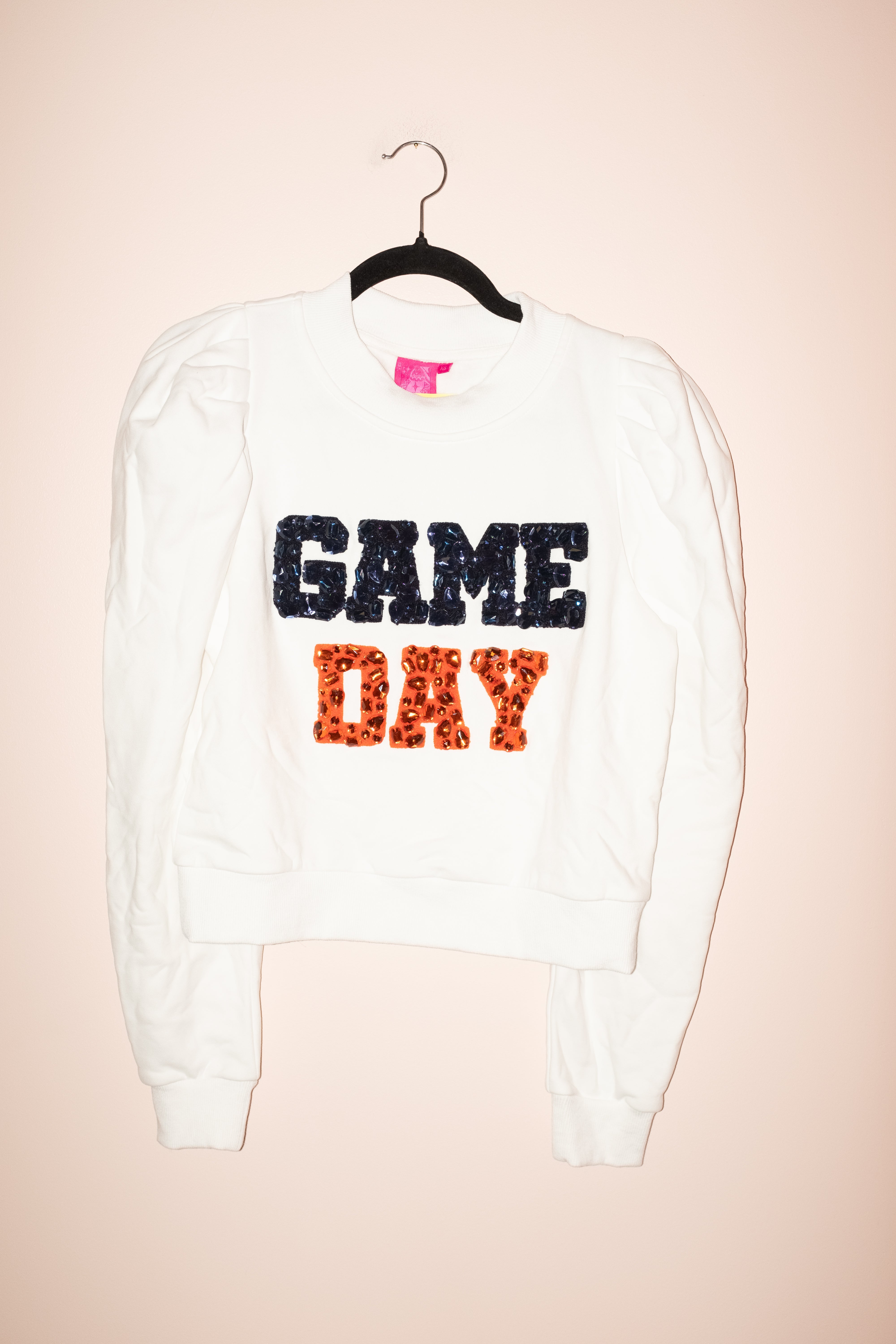 SAMPLE- WHITE, NAVY & ORANGE JEWELED 'GAME DAY' POOF SLEEVE SWEATSHIRT