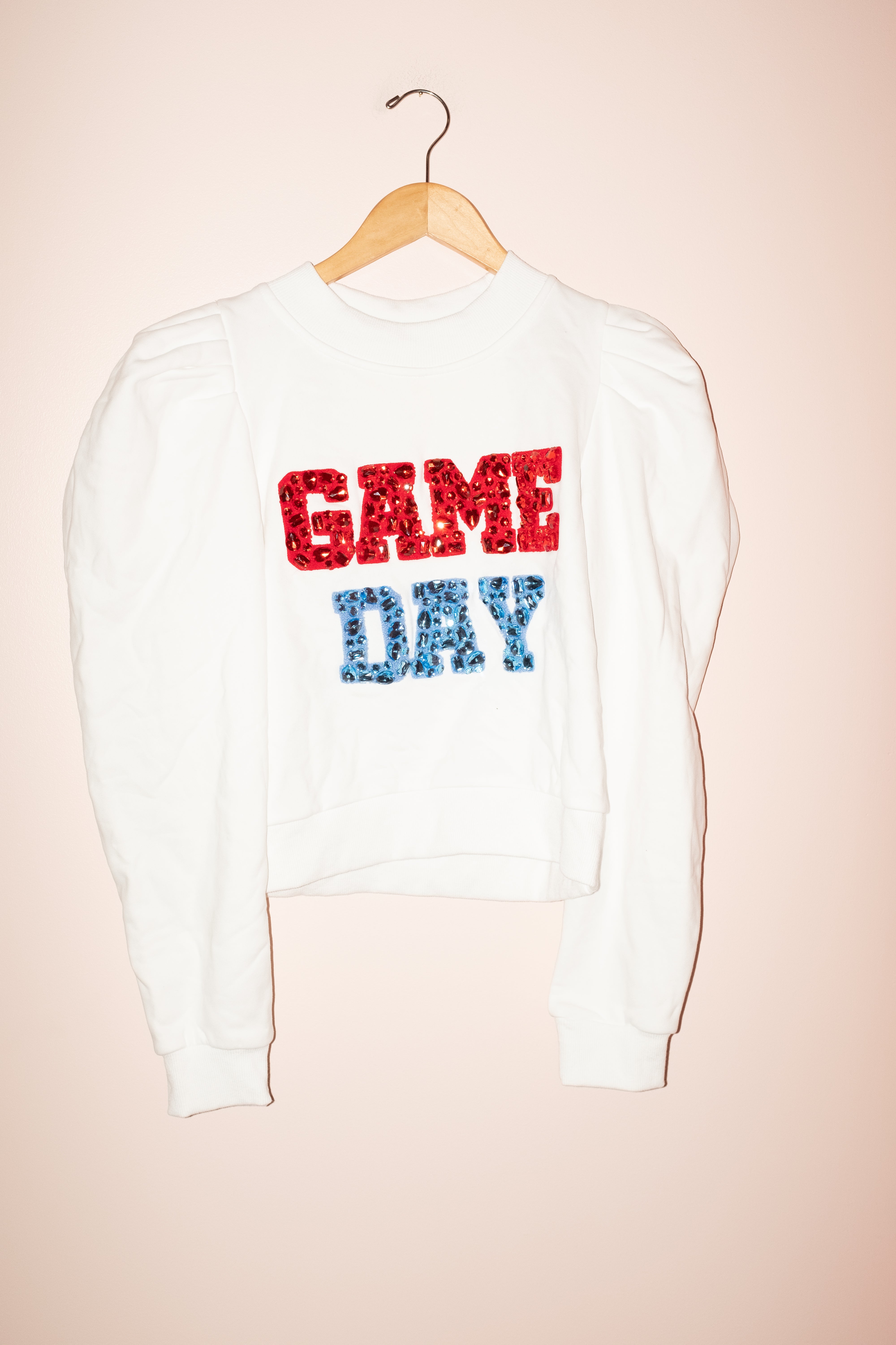 SAMPLE- WHITE, RED & POWDER BLUE JEWELED 'GAME DAY' POOF SLEEVE SWEATSHIRT