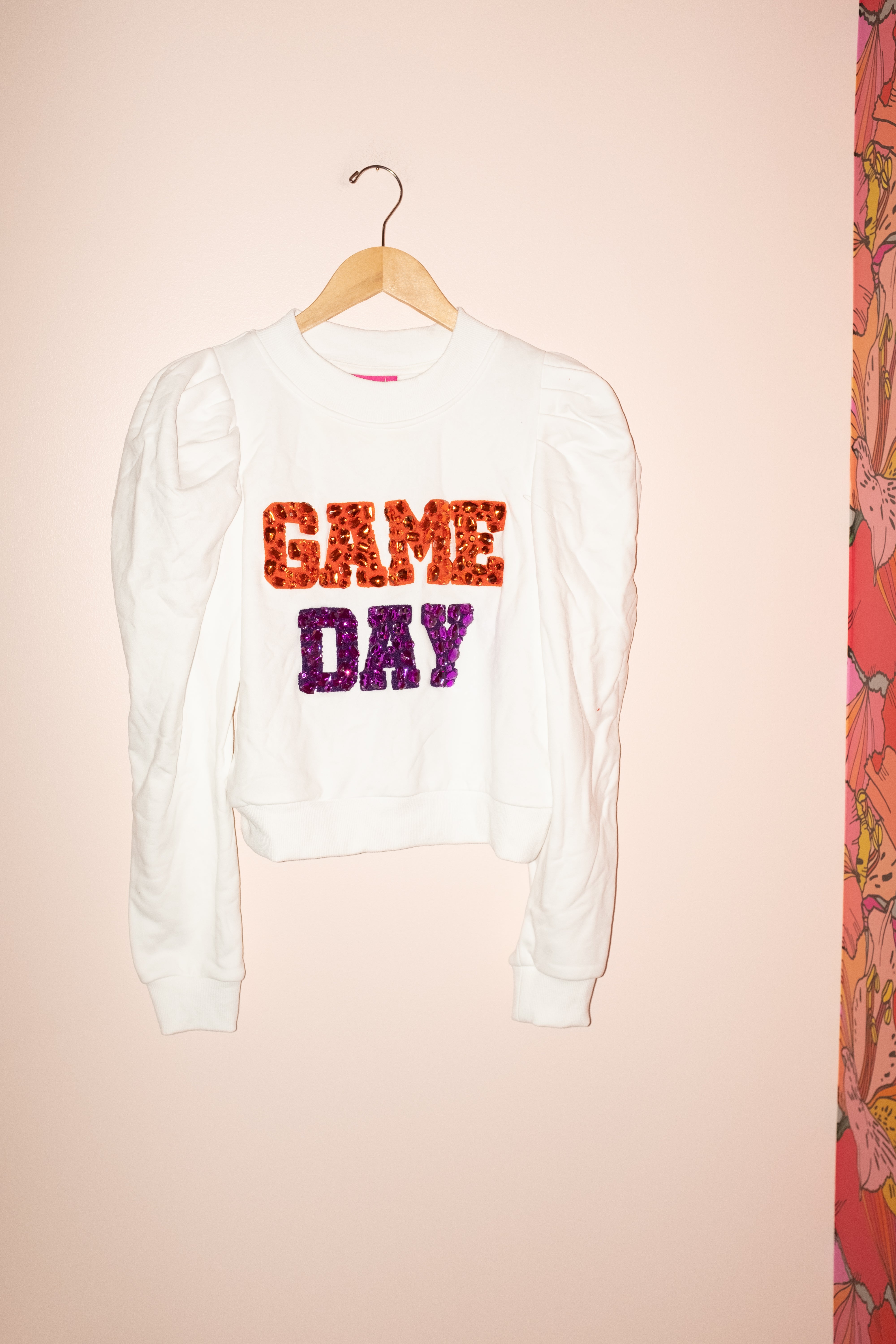 SAMPLE- WHITE, PURPLE & ORANGE JEWELED 'GAME DAY' POOF SLEEVE SWEATSHIRT