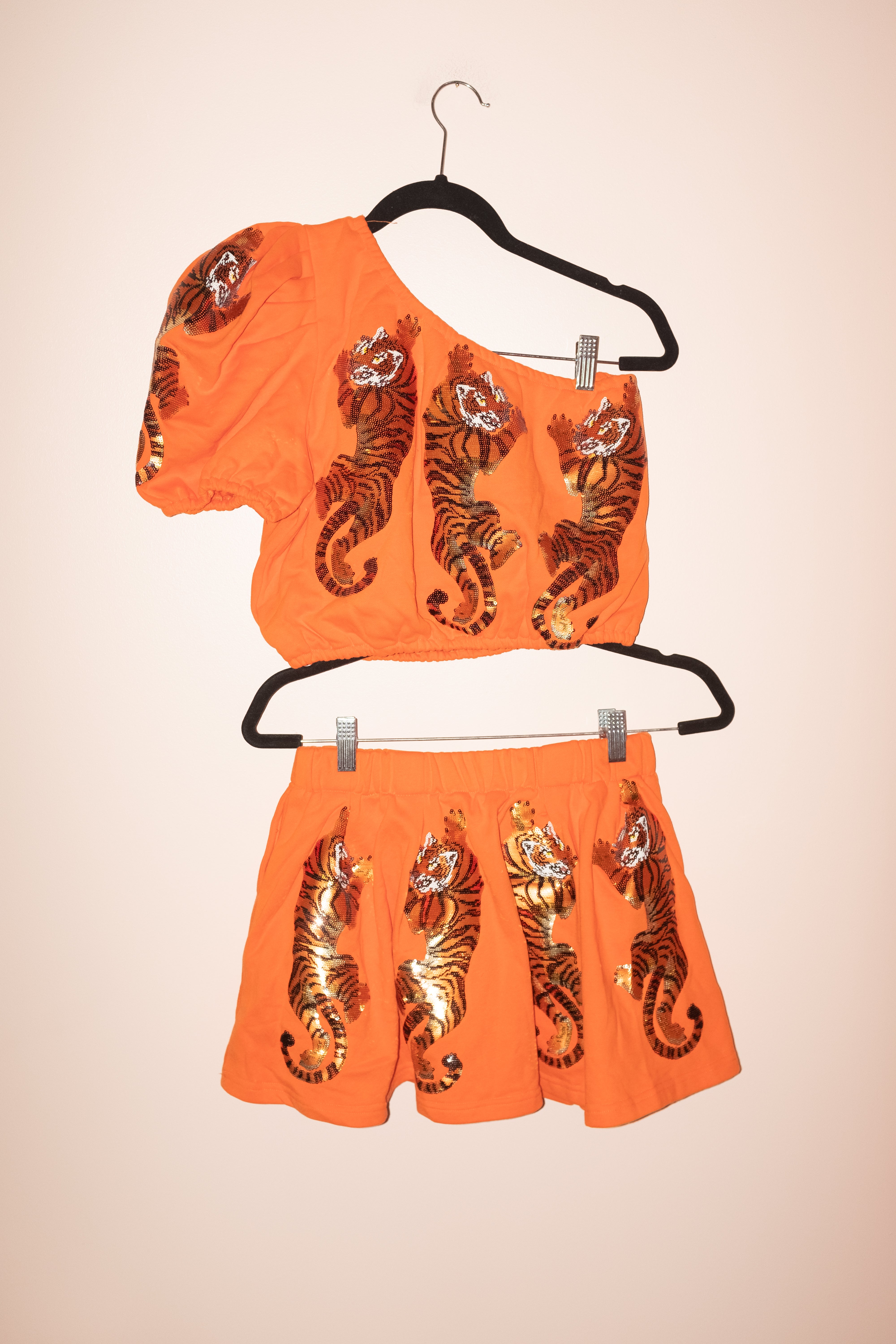 SAMPLE- ORANGE ONE SHOULDER CRAWLING TIGERS SET