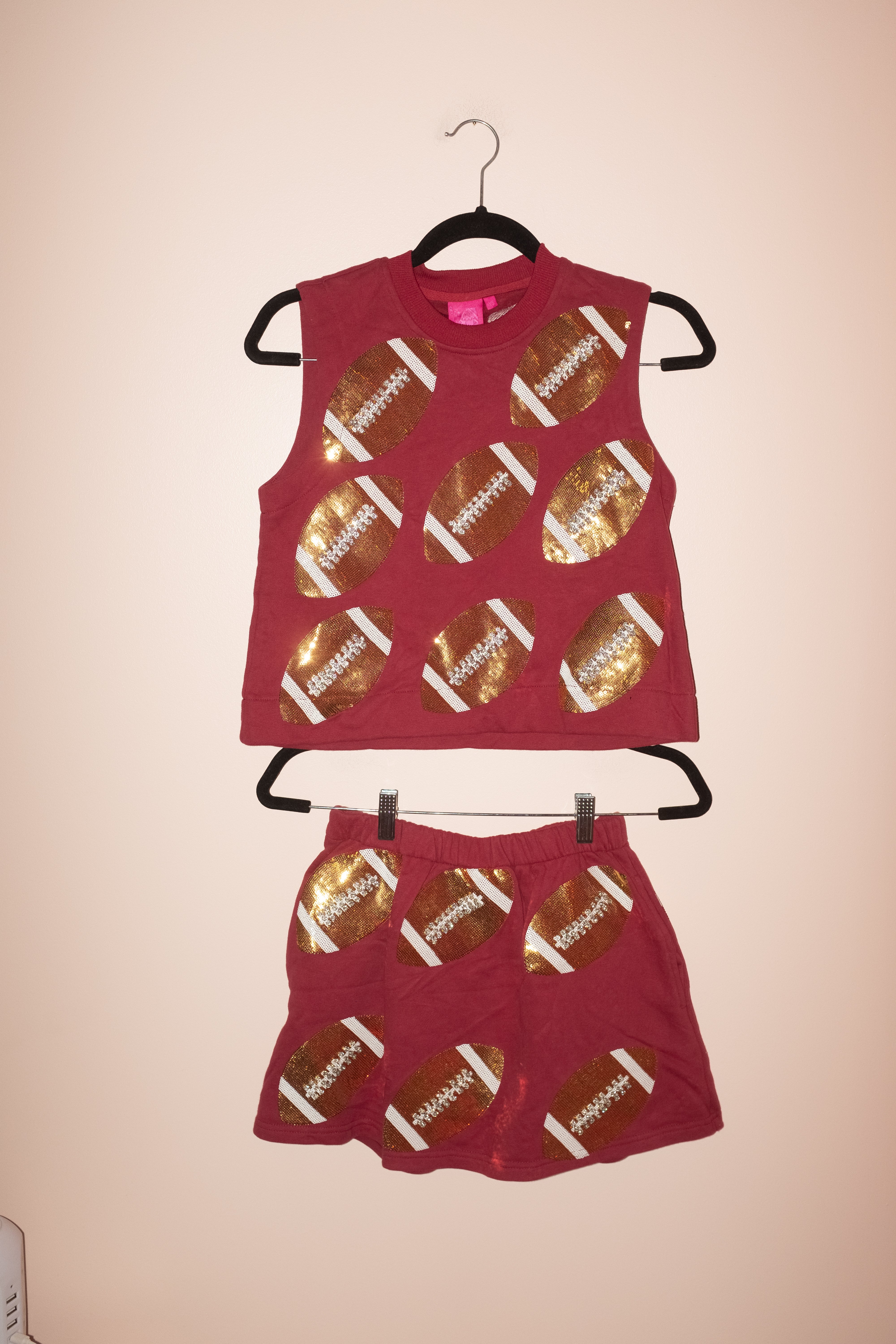 SAMPLE- MAROON SCATTERED SEQUIN & RHINESTONE FOOTBALL TANK/SKORT SET