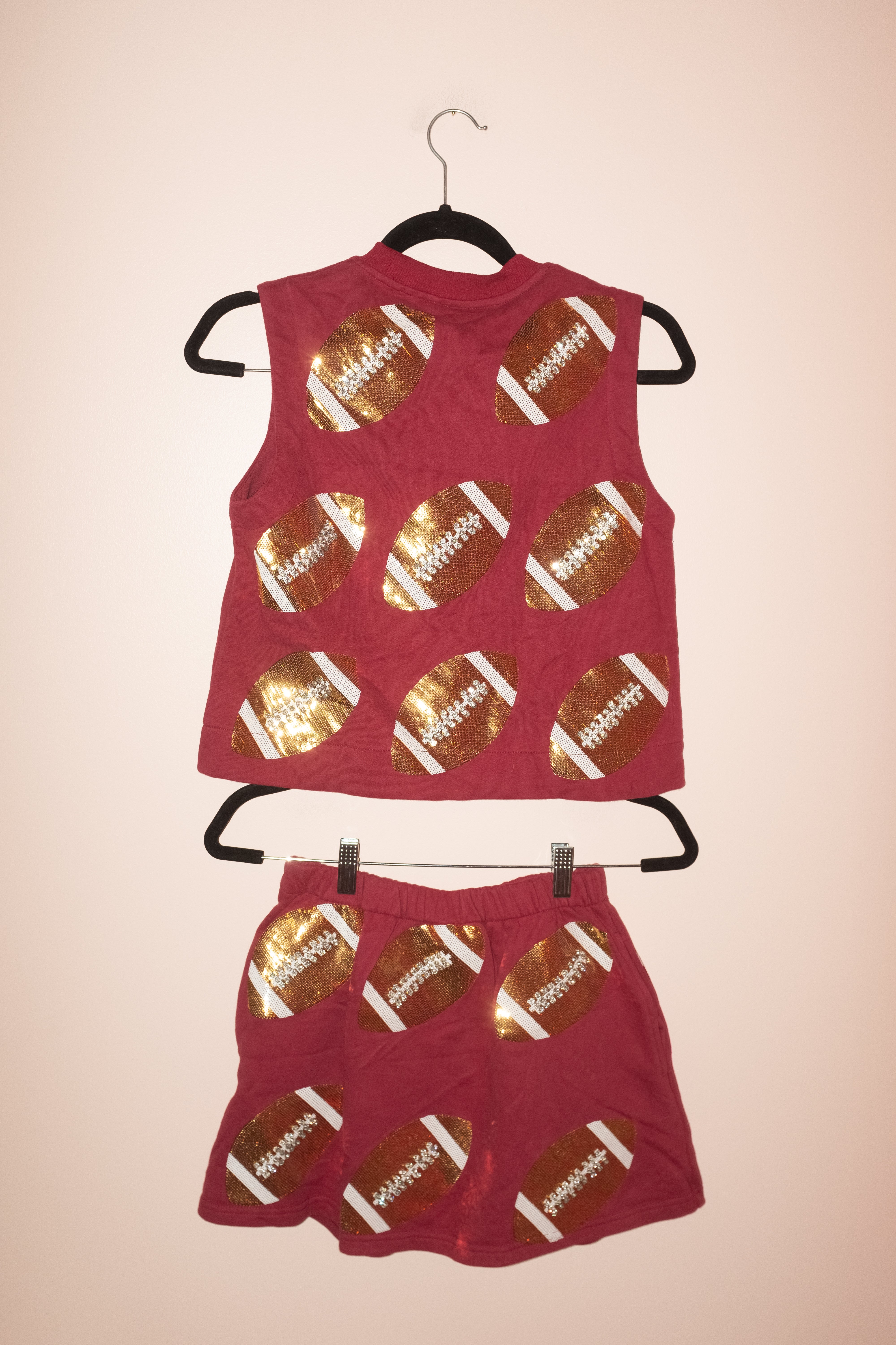 SAMPLE- MAROON SCATTERED SEQUIN & RHINESTONE FOOTBALL TANK/SKORT SET