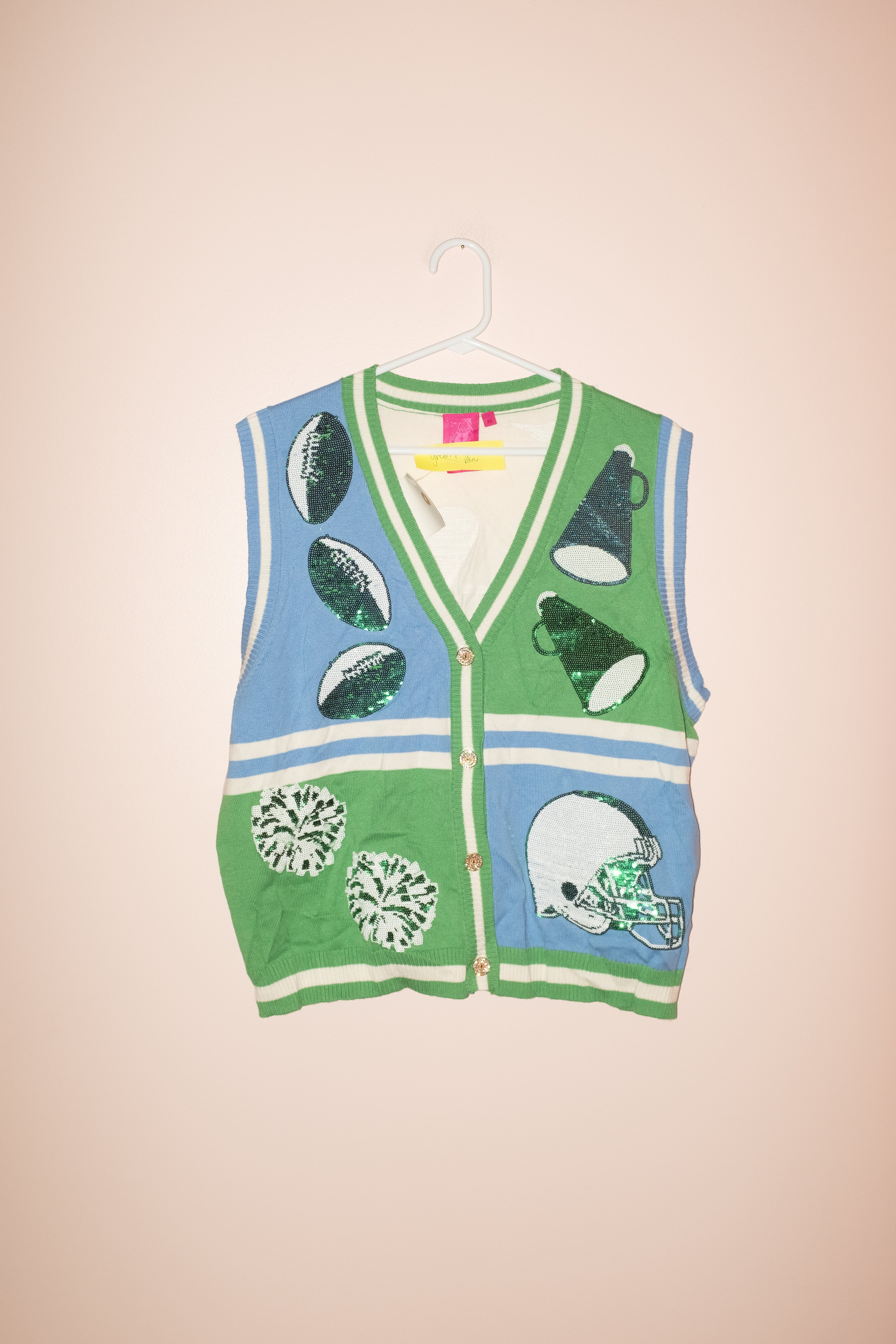 SAMPLE- GREEN & LIGHT BLUE COLORBLOCK FOOTBALL ICON BUTTON UP SWEATER VEST