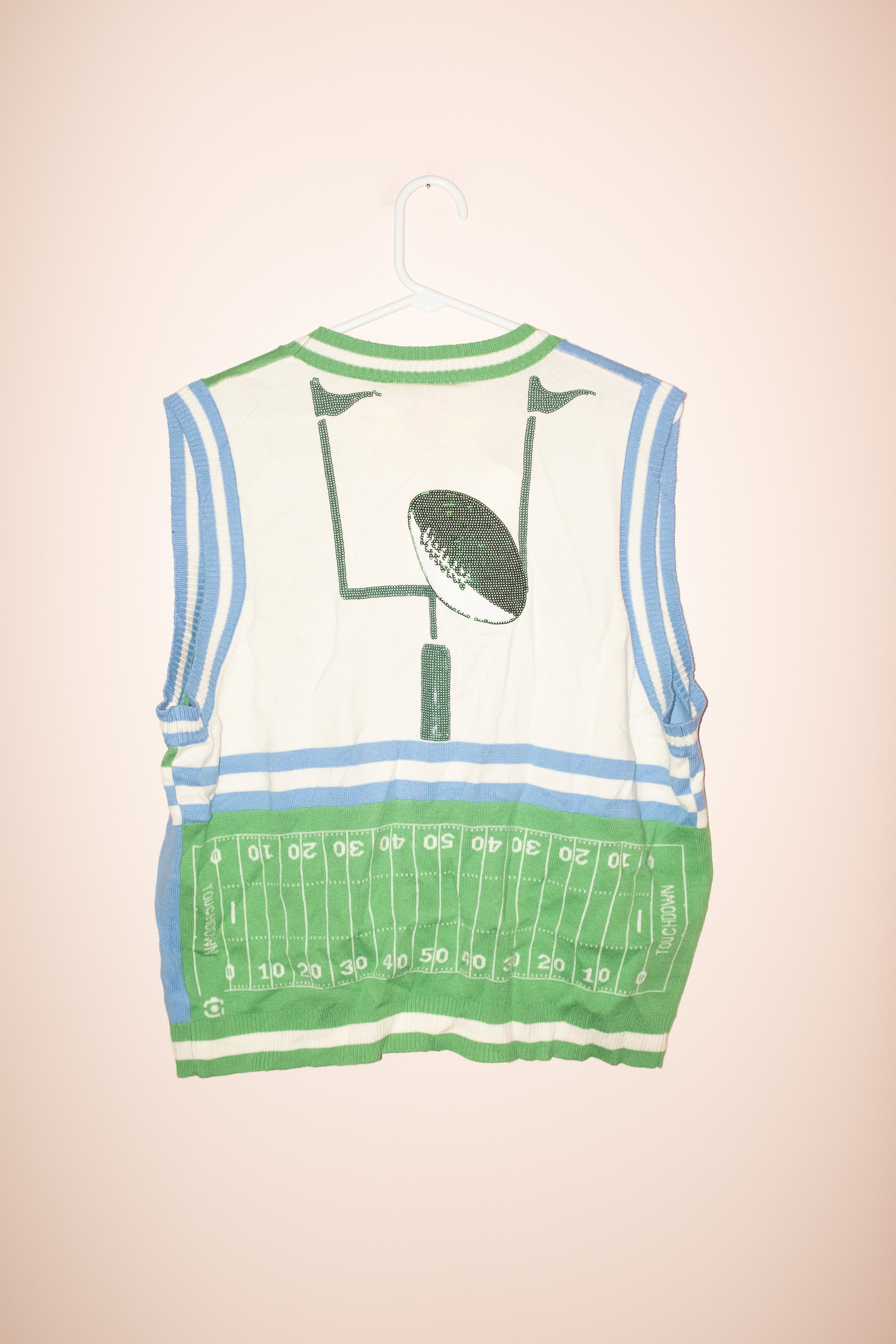 SAMPLE- GREEN & LIGHT BLUE COLORBLOCK FOOTBALL ICON BUTTON UP SWEATER VEST