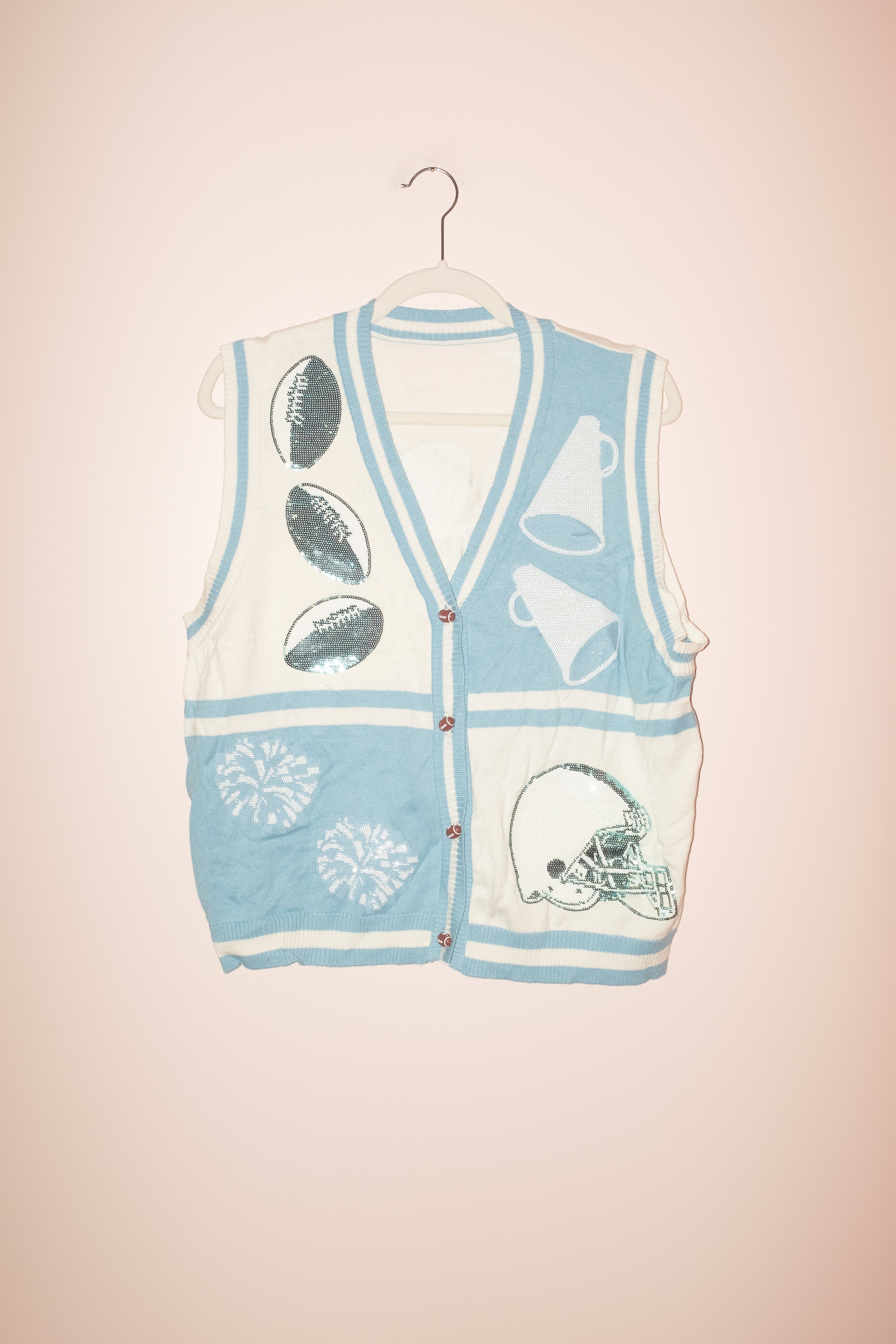 SAMPLE- LIGHT BLUE & WHITE COLORBLOCK FOOTBALL ICON BUTTON UP SWEATER VEST