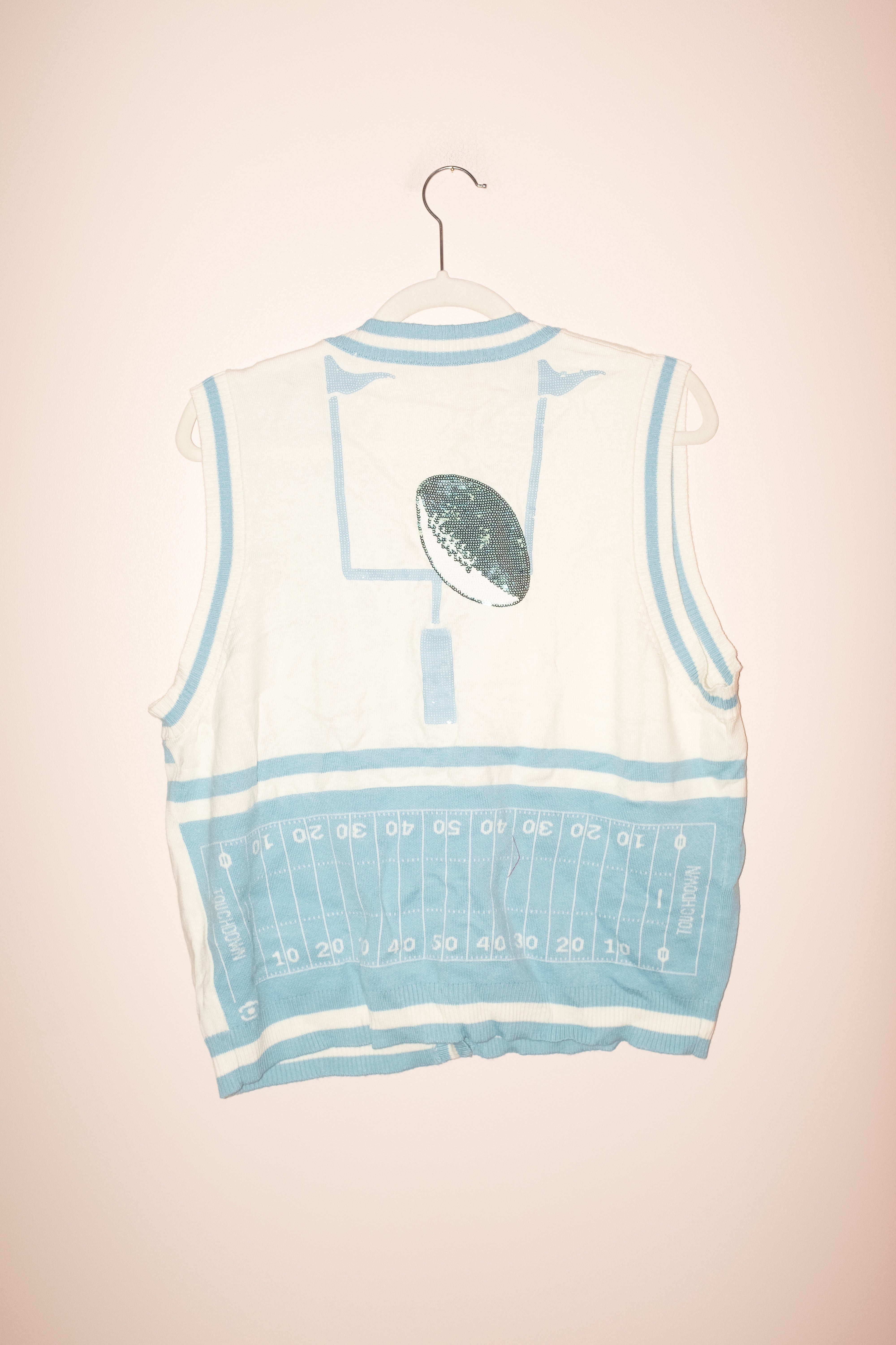 SAMPLE- LIGHT BLUE & WHITE COLORBLOCK FOOTBALL ICON BUTTON UP SWEATER VEST