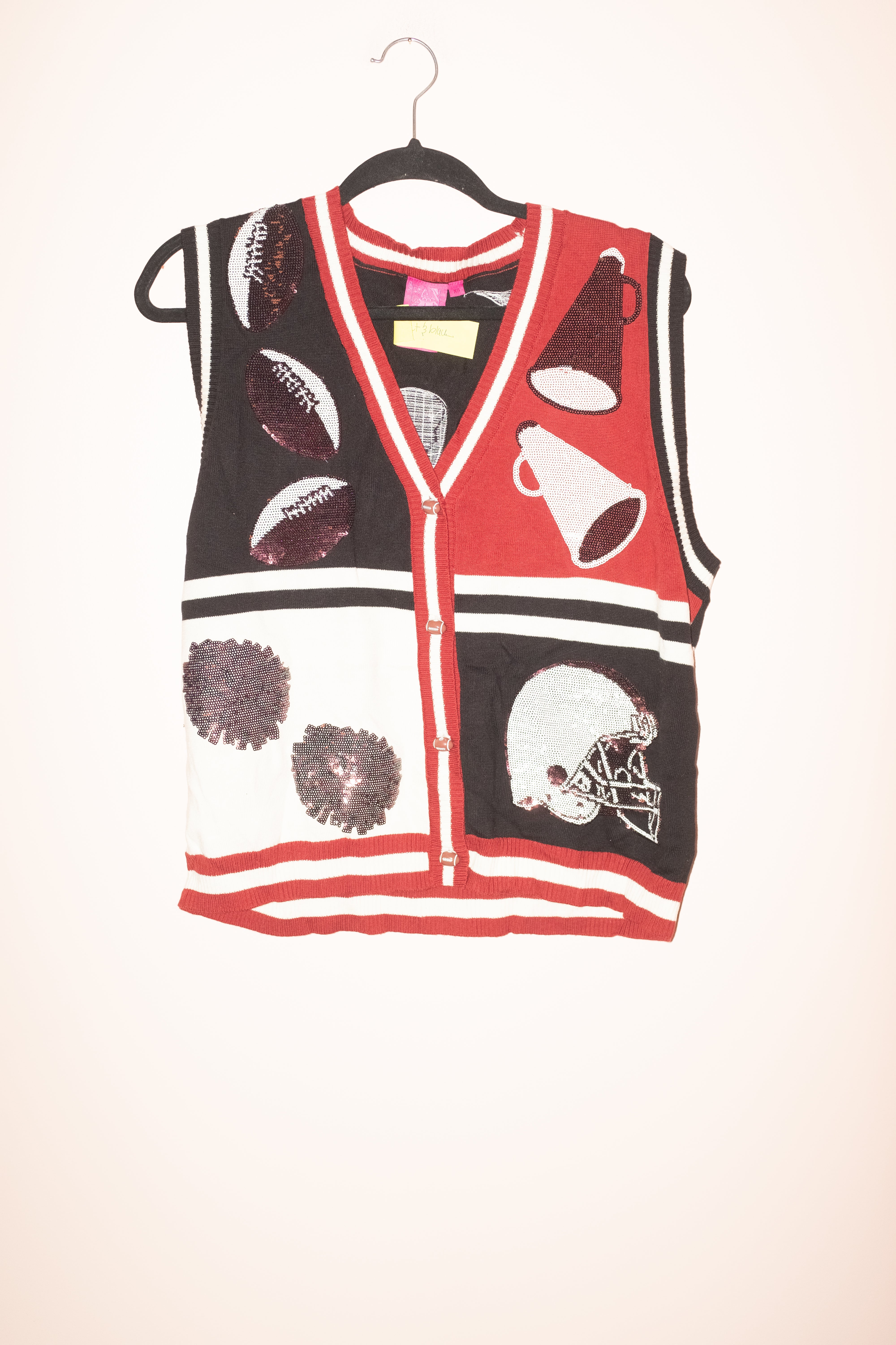 SAMPLE- GARNET & BLACK COLORBLOCK FOOTBALL ICON BUTTON UP SWEATER VEST