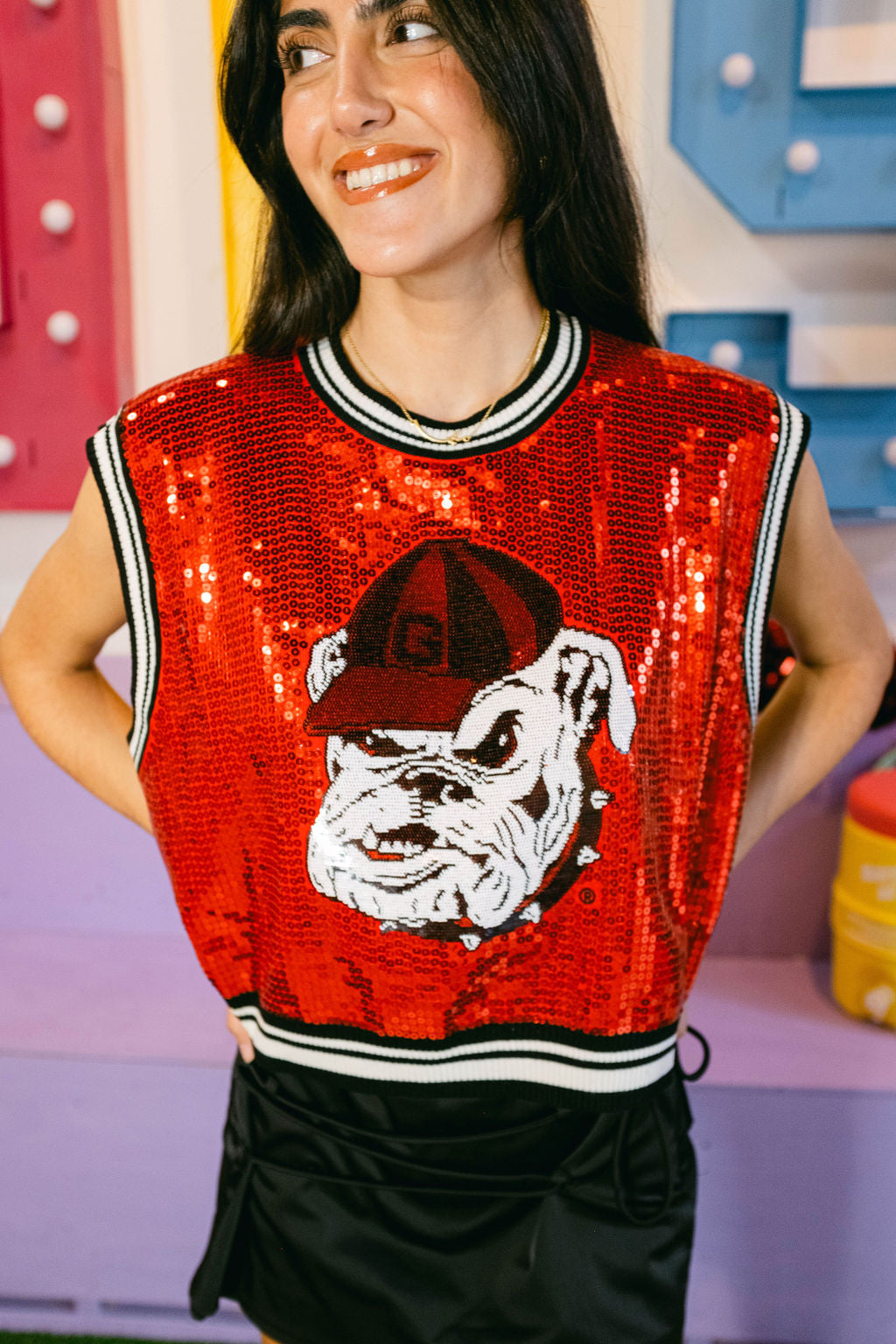 Licensed Red Full Sequin Sweater Tank With Bulldog Head