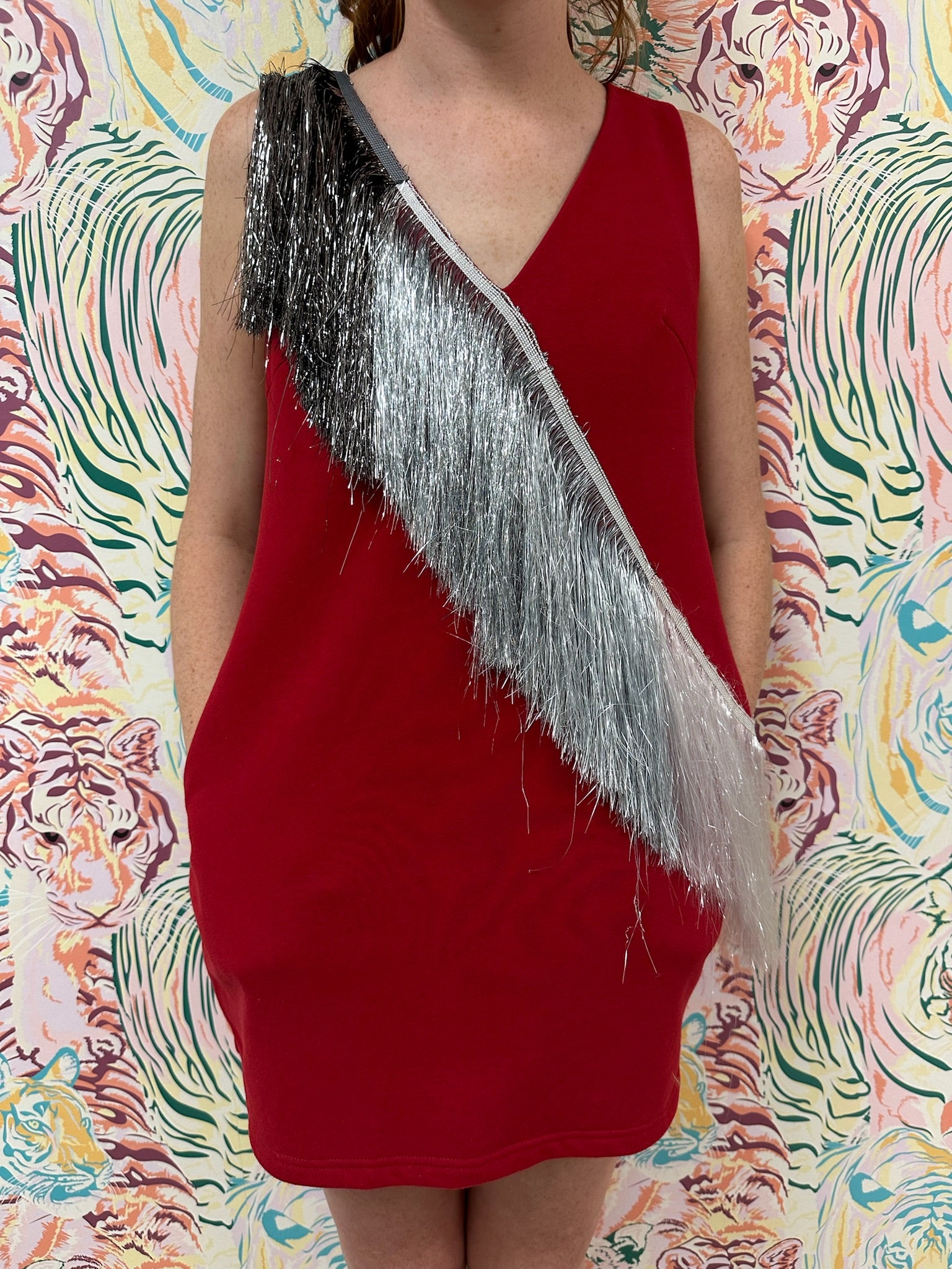 SAMPLE- Red & Silver Diagonal Metallic Fringe Dress